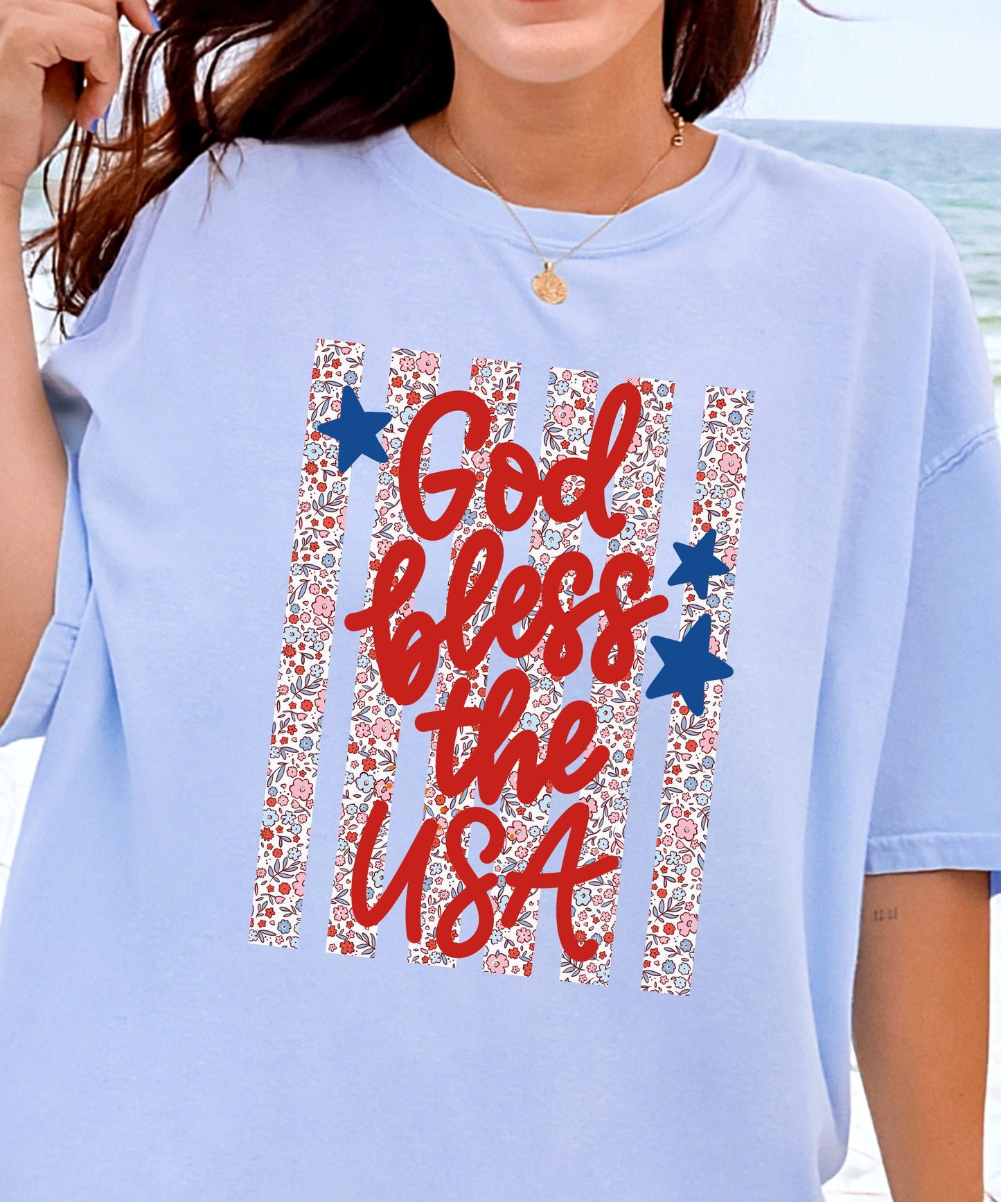 God Bless the USA Floral Flag Tee | Comfort Colors Patriotic Shirt