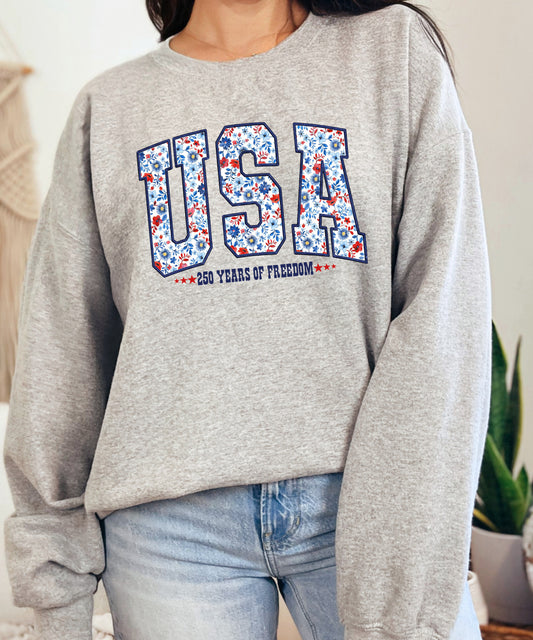 USA 250 Years of Freedom Sweatshirt | Floral Patriotic Crewneck | America 1776–2026 Top
