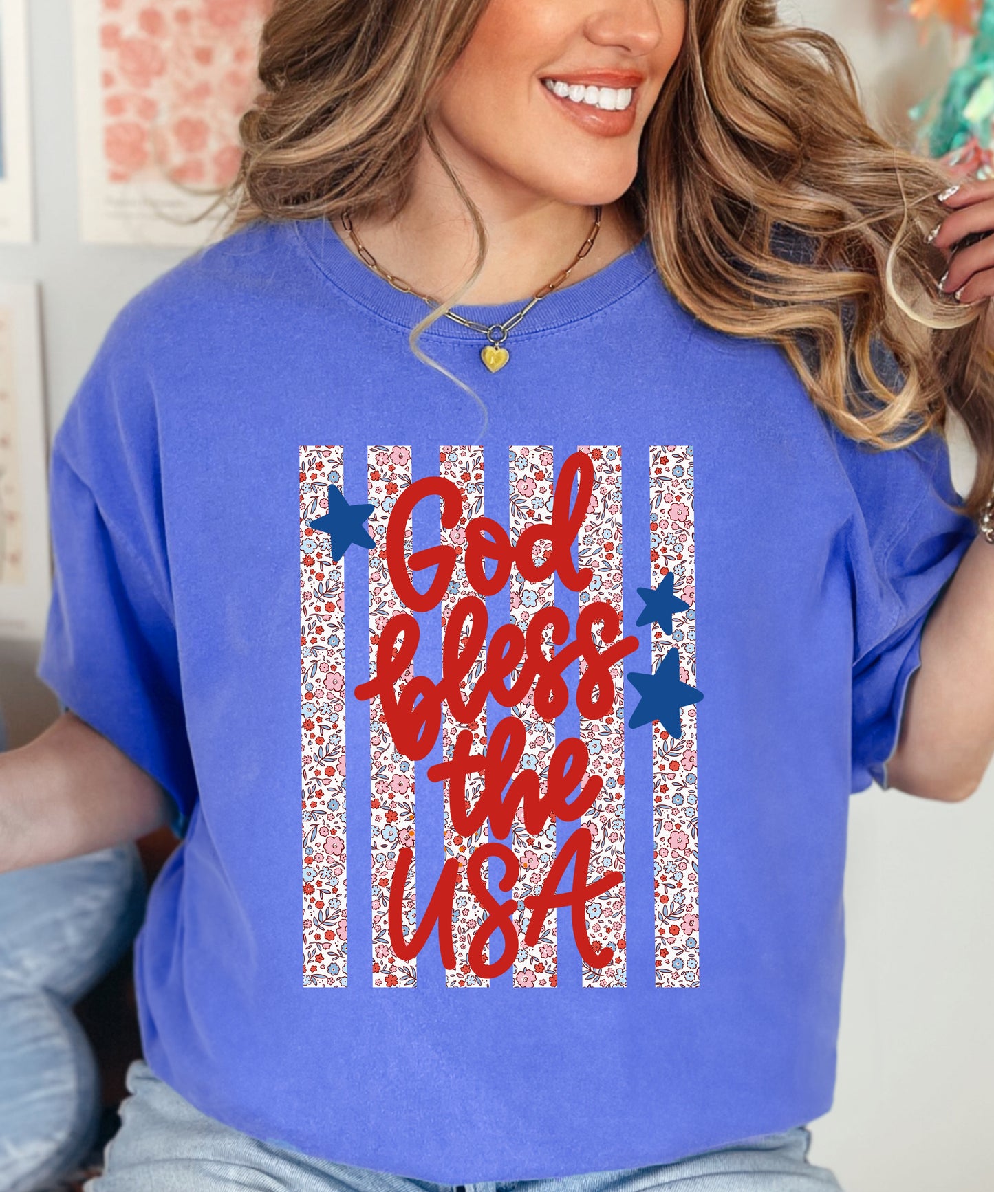 God Bless the USA Floral Flag Tee | Comfort Colors Patriotic Shirt