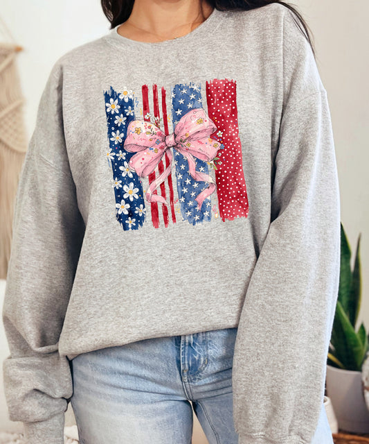 Patriotic Bow American Flag Sweatshirt | Floral USA Graphic Crewneck | Cute 4th of July Top
