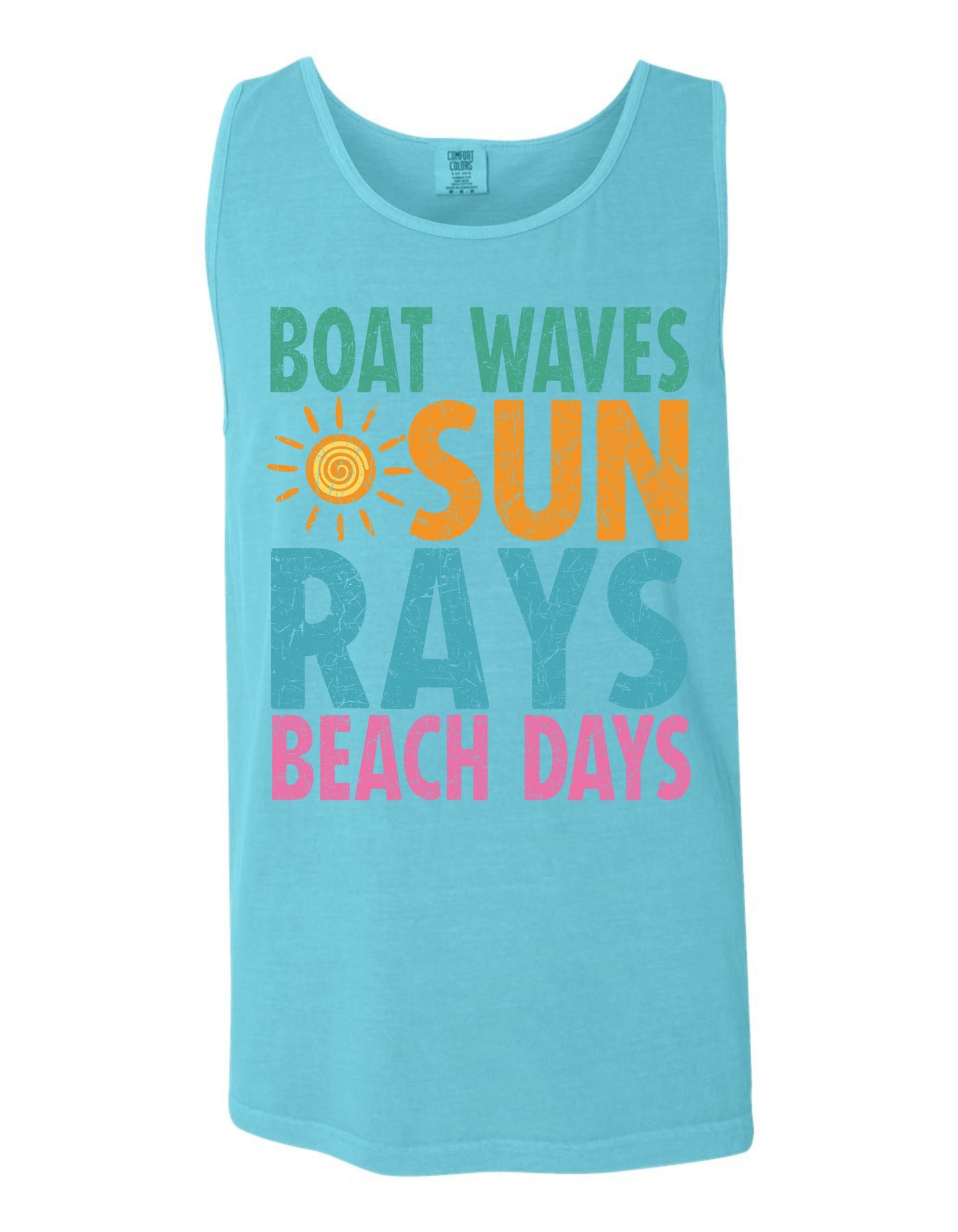 A light blue tank top with the text "BOAT WAVE SUN RAYS BEACH DAYS" printed on it.
