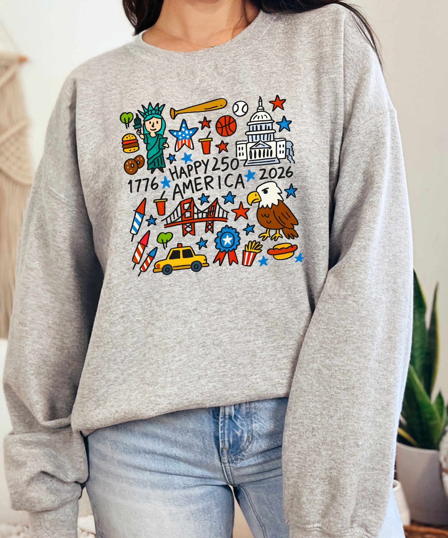 Happy 250 America Sweatshirt | Patriotic Doodle Graphic Crewneck | 1776–2026 Celebration