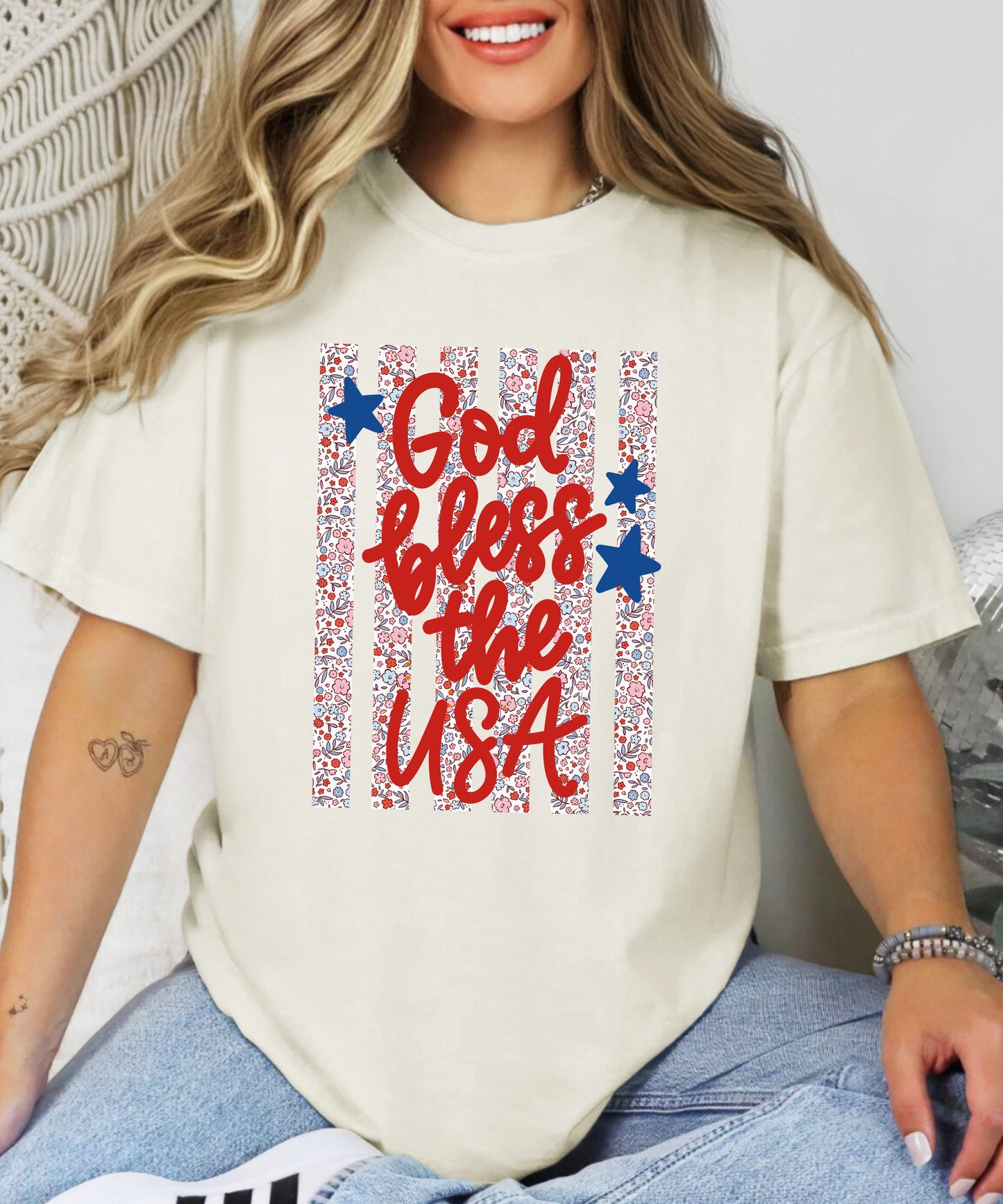 God Bless the USA Floral Flag Tee | Comfort Colors Patriotic Shirt