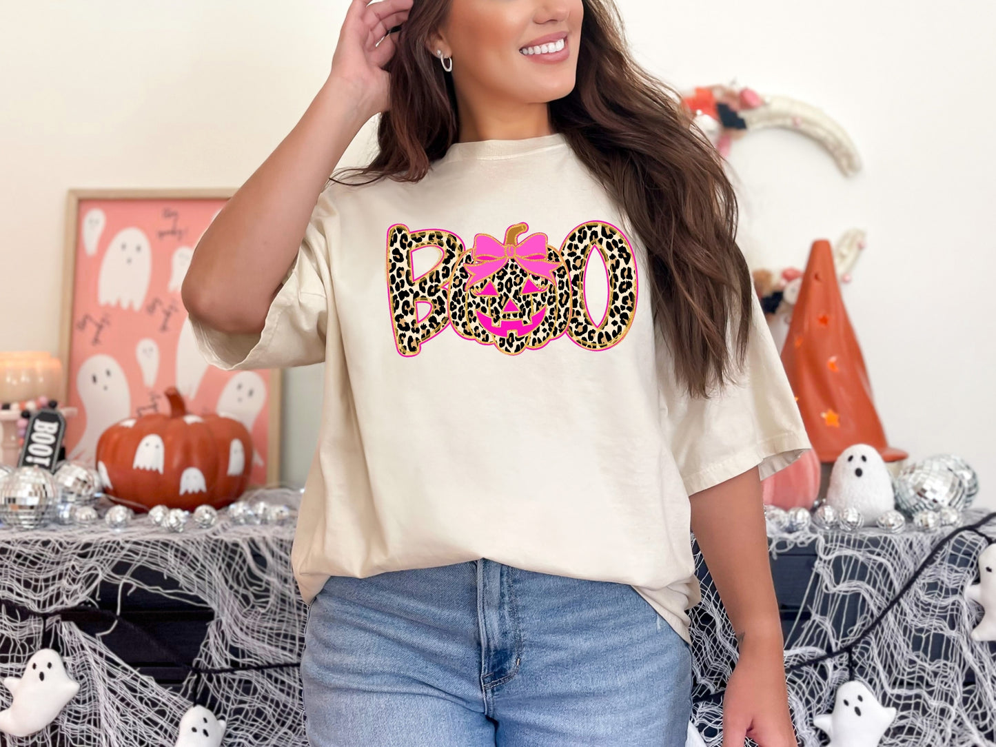 BOO Leopard Halloween T-Shirt – Pink Pumpkin Graphic Tee