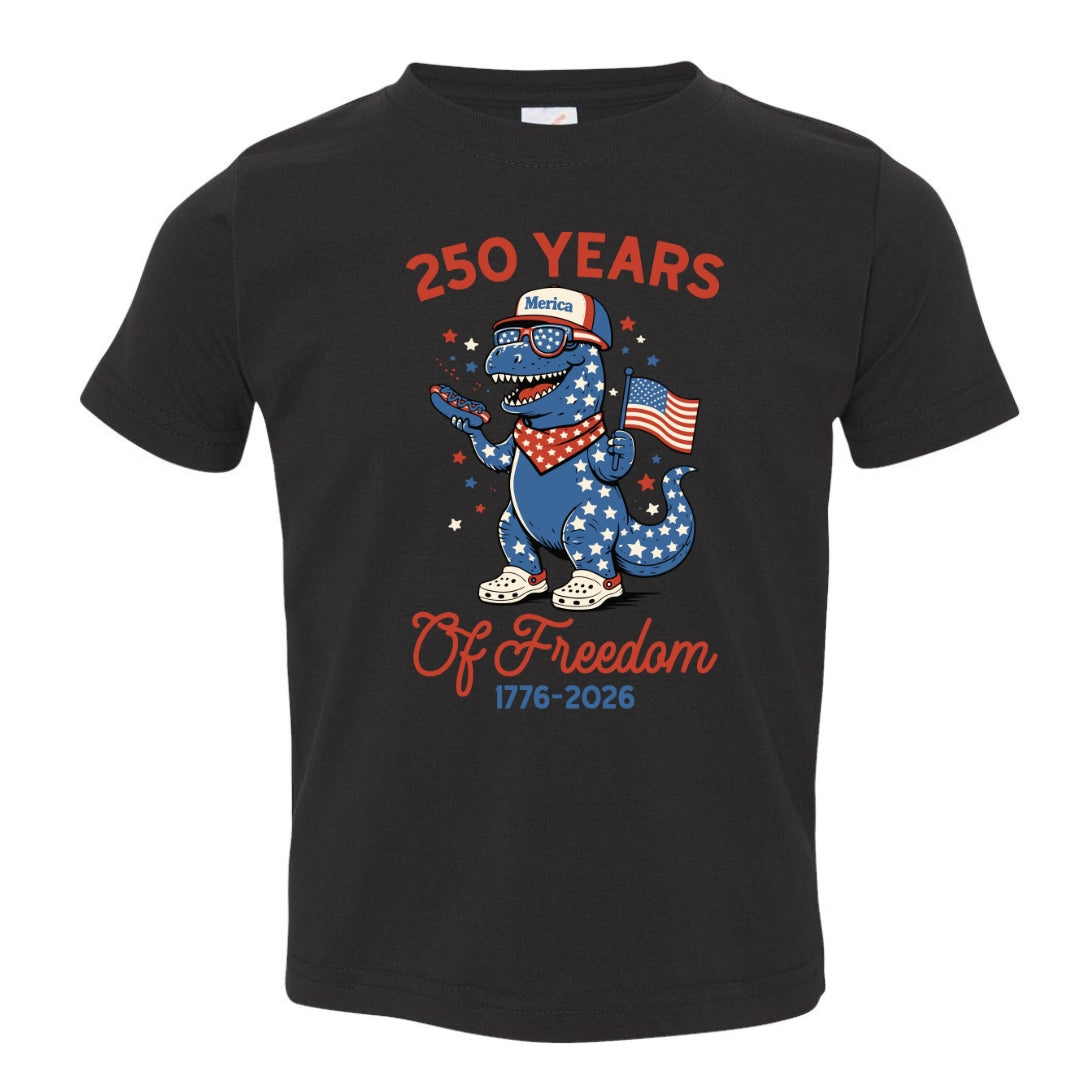 Kids 250 Years of Freedom T-Shirt | Patriotic Dinosaur Toddler & Youth Tee