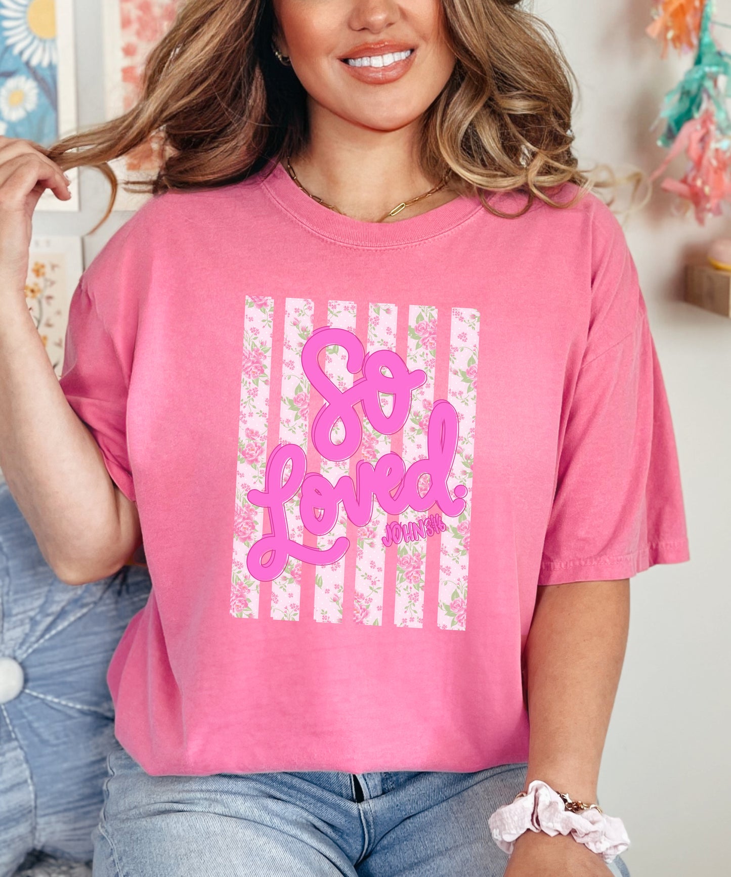 So Loved Floral Christian T-Shirt | John 3:16 Faith Comfort Colors Tee