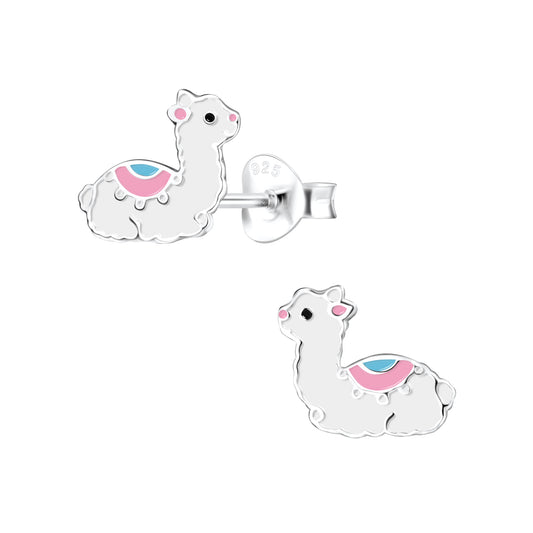 a pair of white llama earrings with pink accents