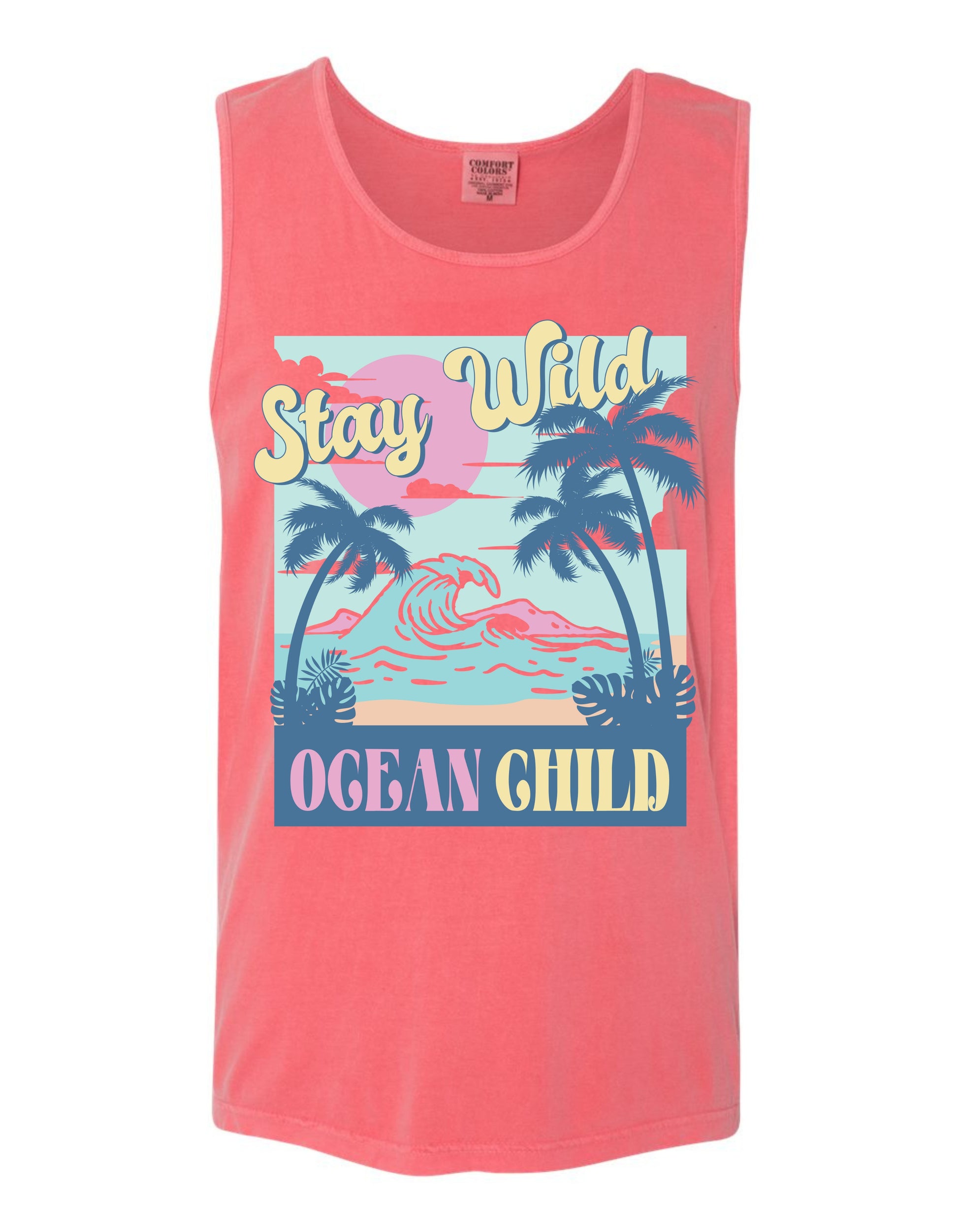 A pink tank top with a graphic design featuring palm trees, a sunset, and the text "Stay Wild OCEAN CHILD" printed on it.