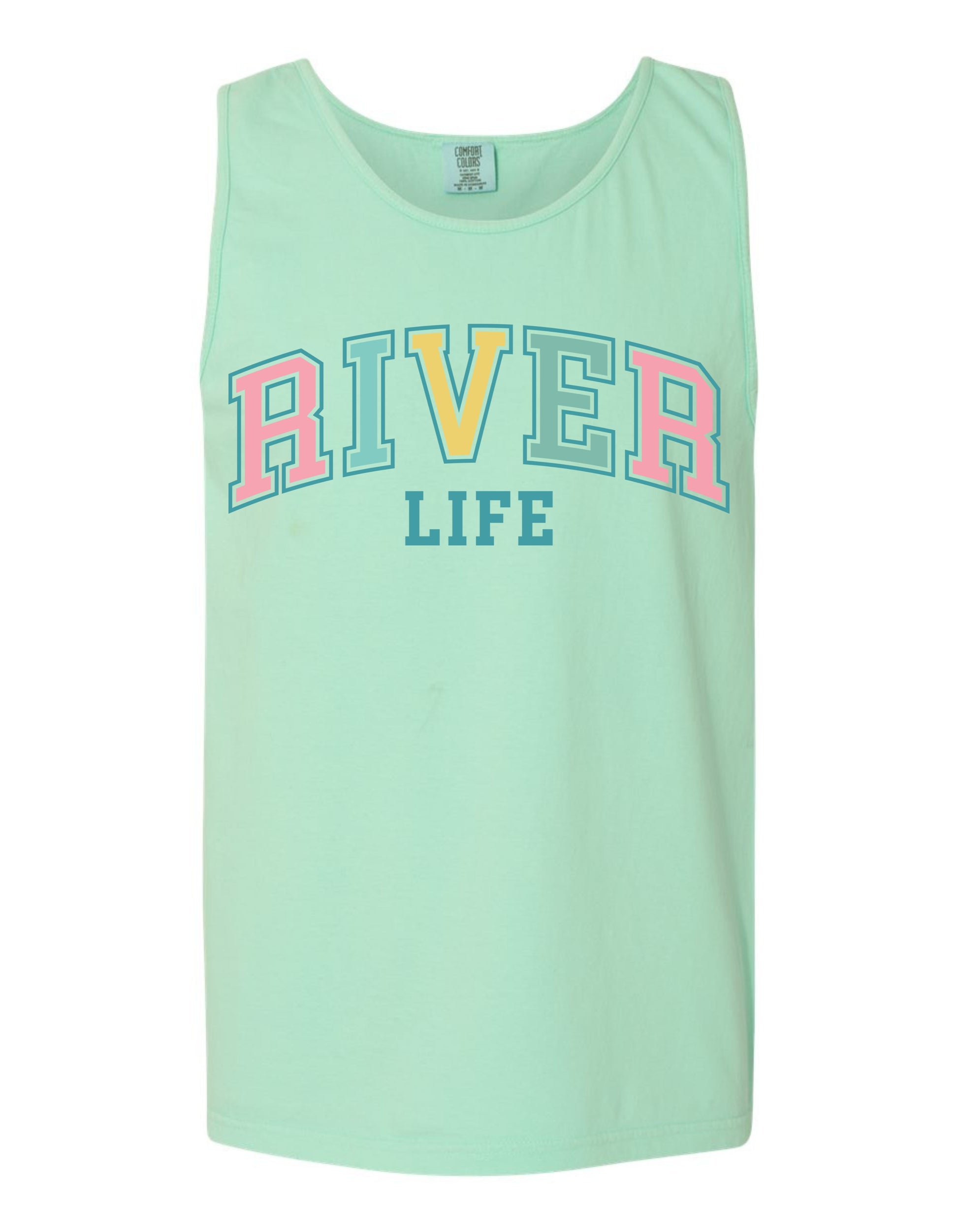 A mint green tank top with the text "RIVER LIFE" printed on it in a colorful, stylized font.