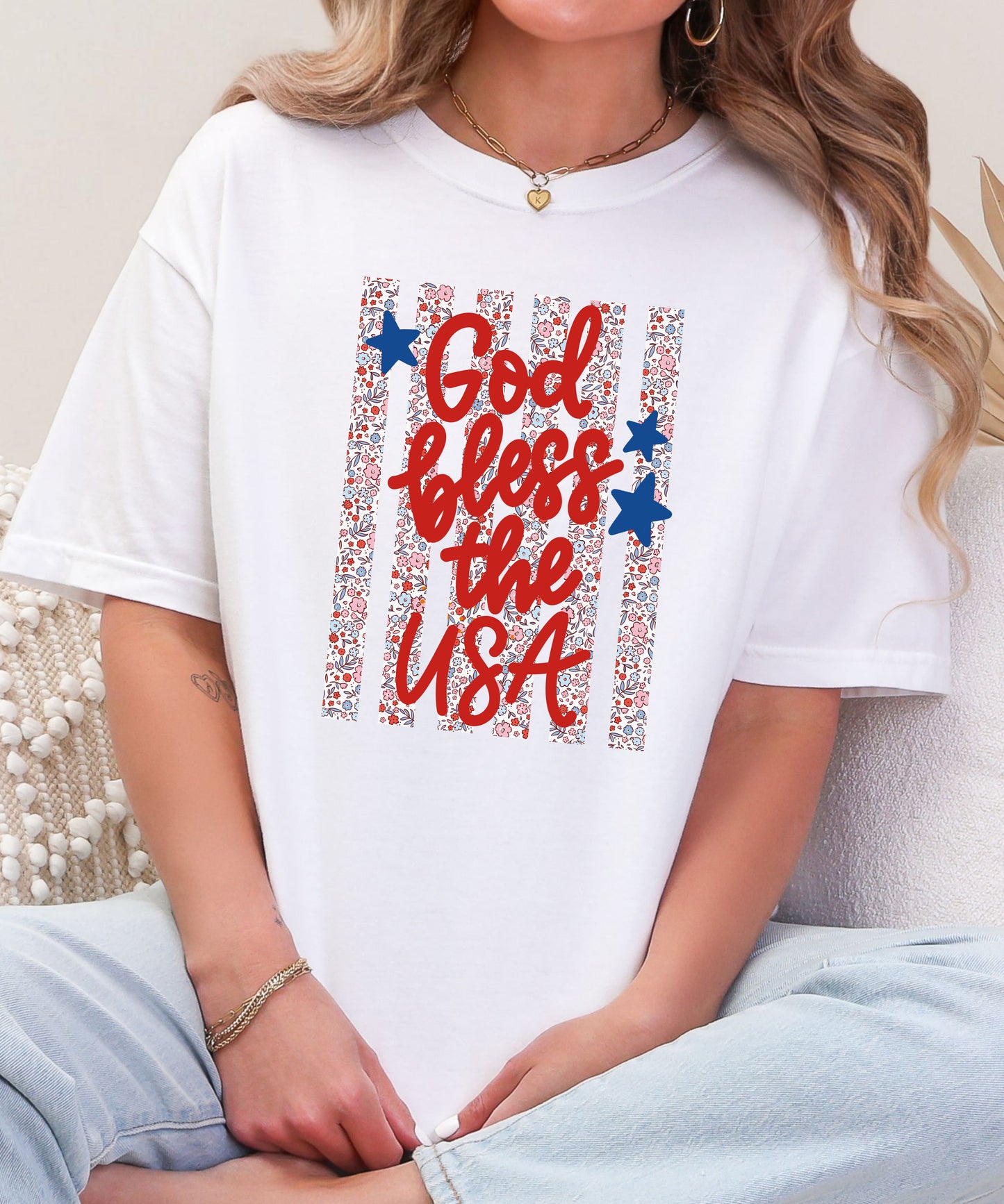God Bless the USA Floral Flag Tee | Comfort Colors Patriotic Shirt