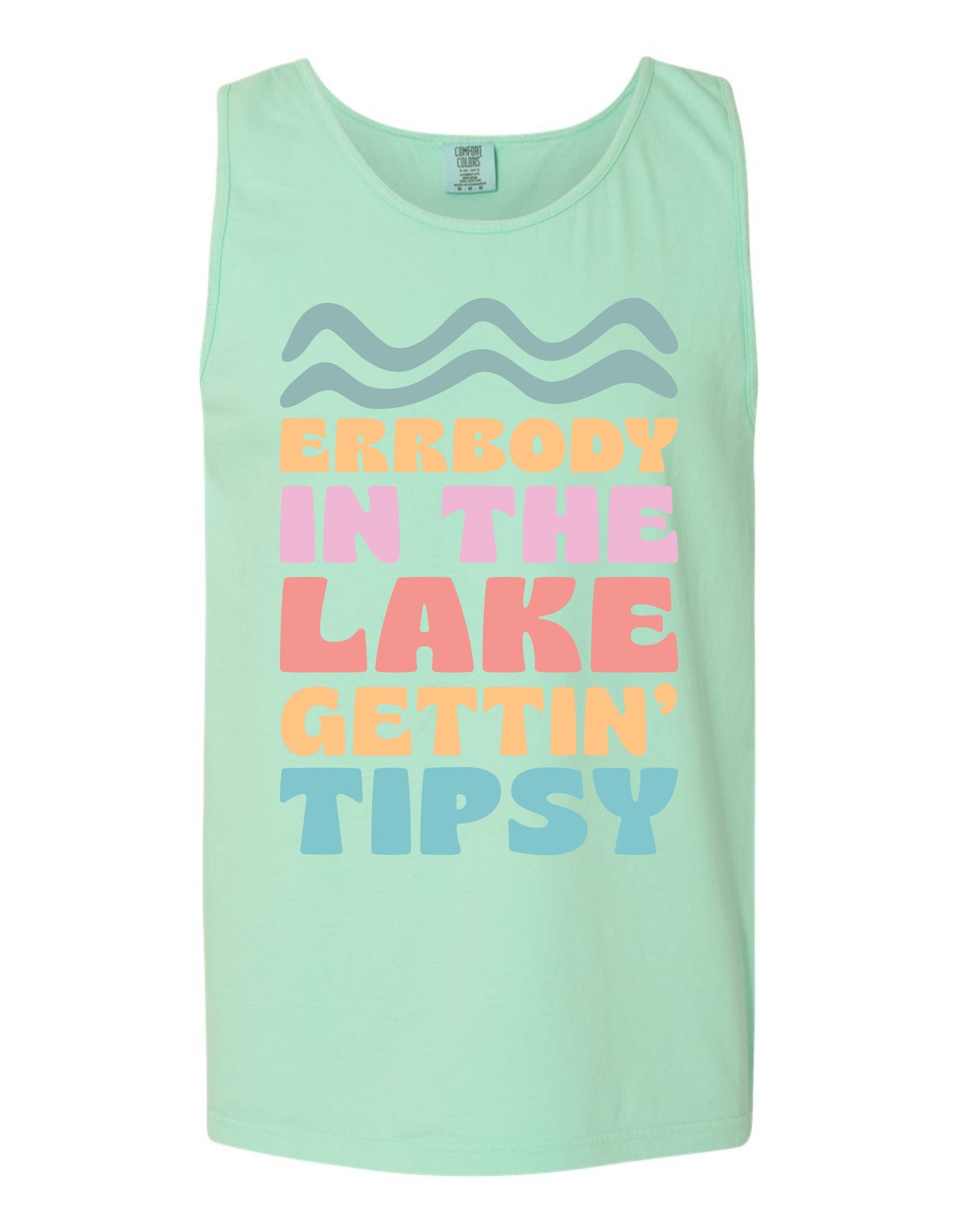 A mint green tank top with a colorful graphic design and text printed on it.