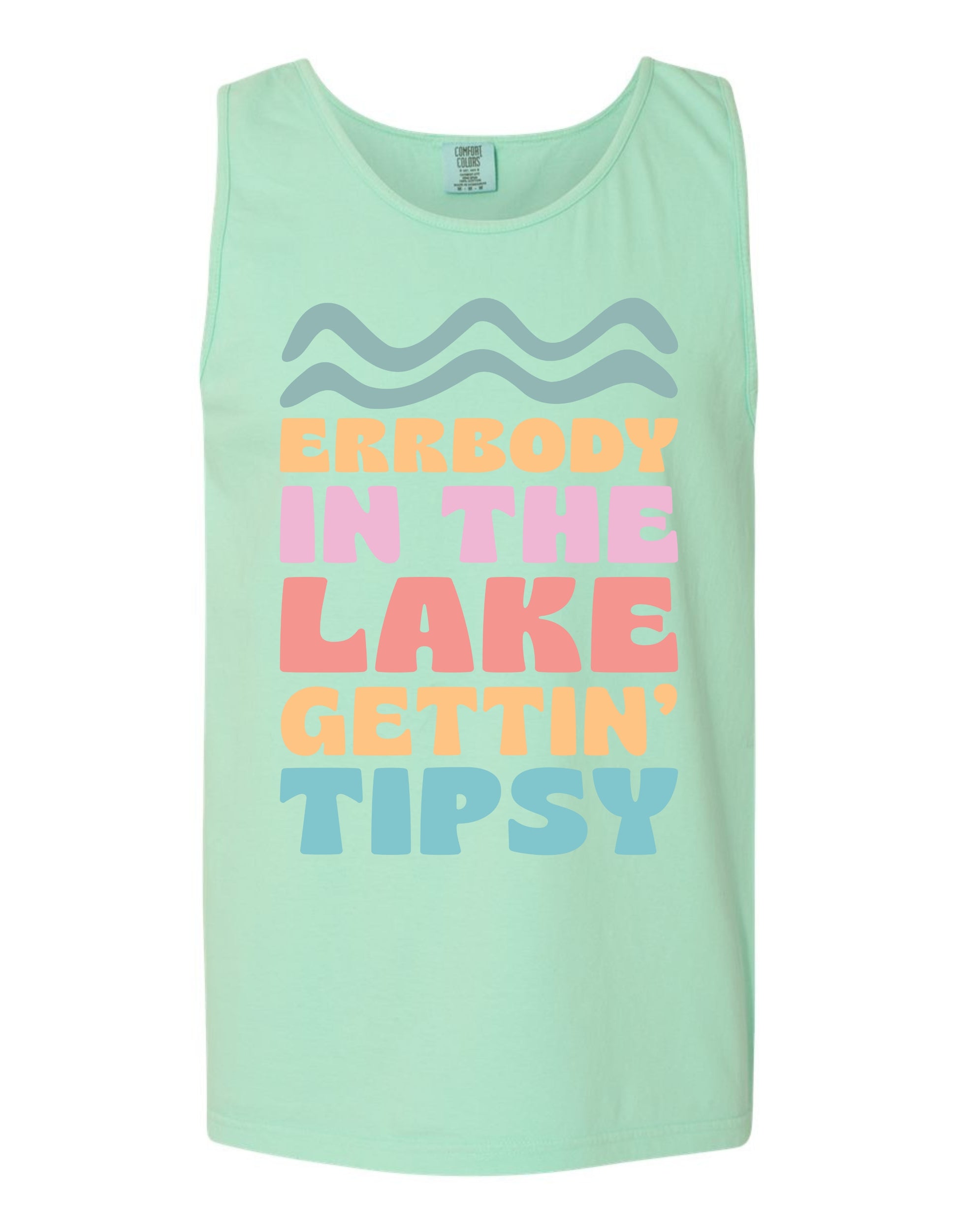 A mint green tank top with a colorful graphic design and text printed on it.
