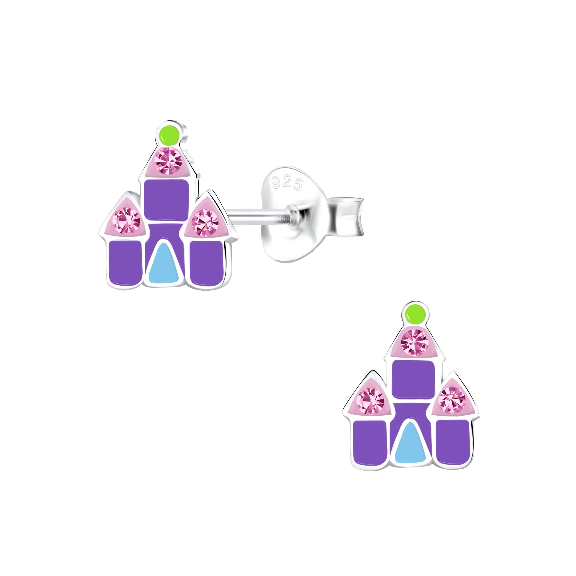 a pair of purple and green earrings on a white background