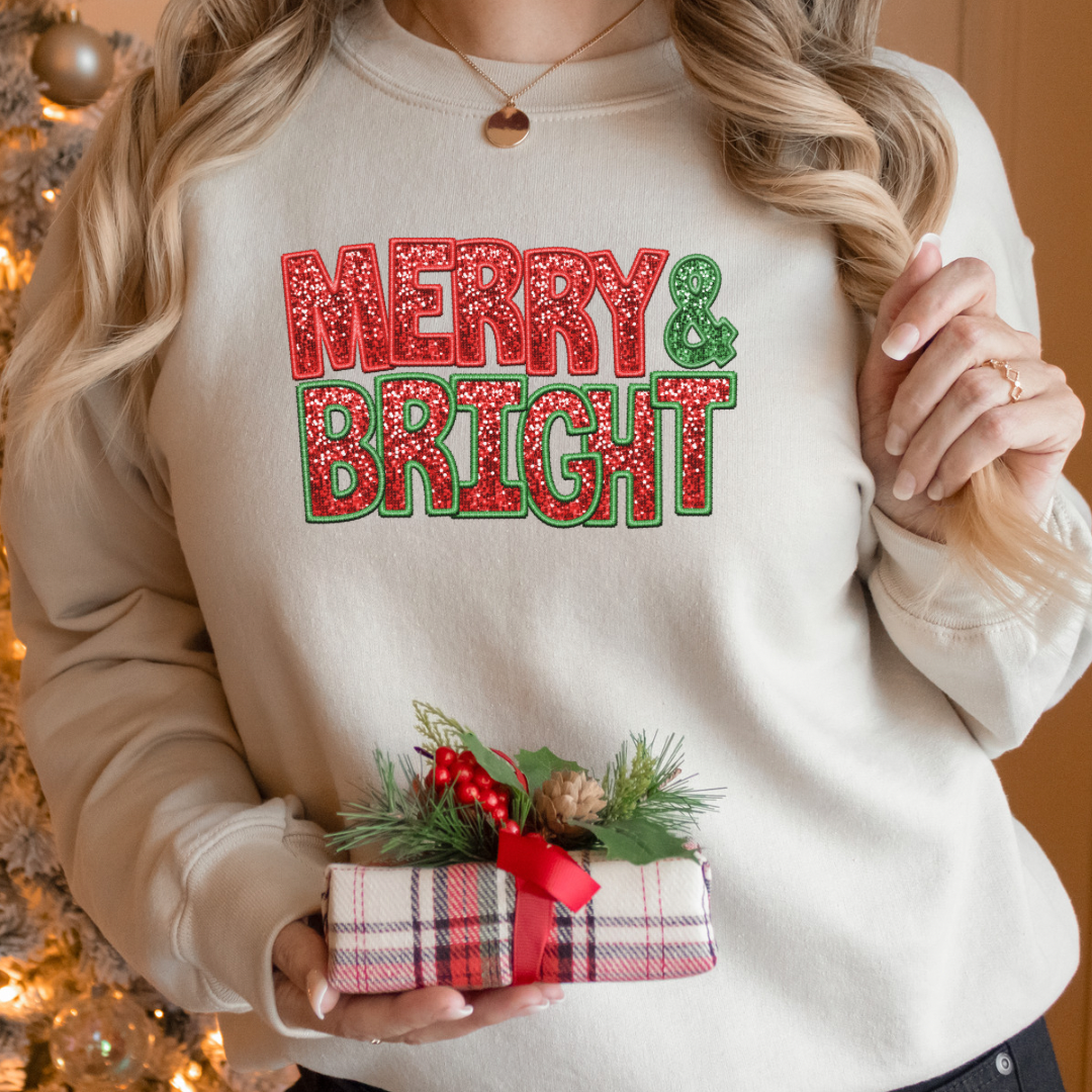 Merry and Bright Red and Green Faux Sequin Embroidered Look Women's Sweatshirt