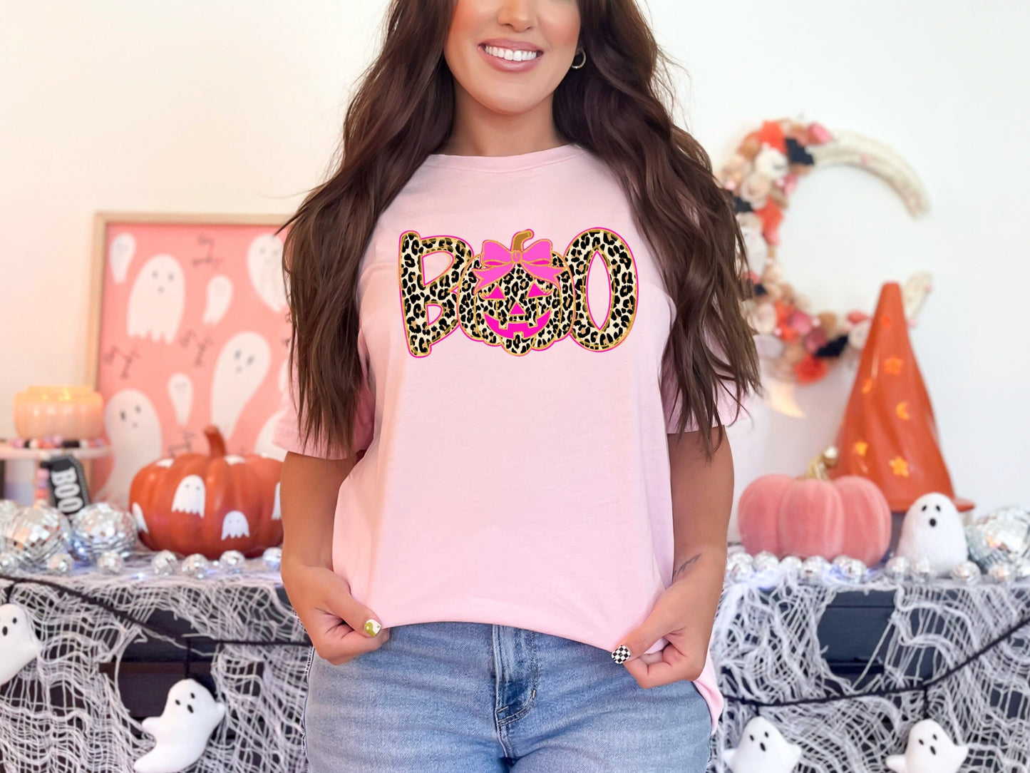 BOO Leopard Halloween T-Shirt – Pink Pumpkin Graphic Tee