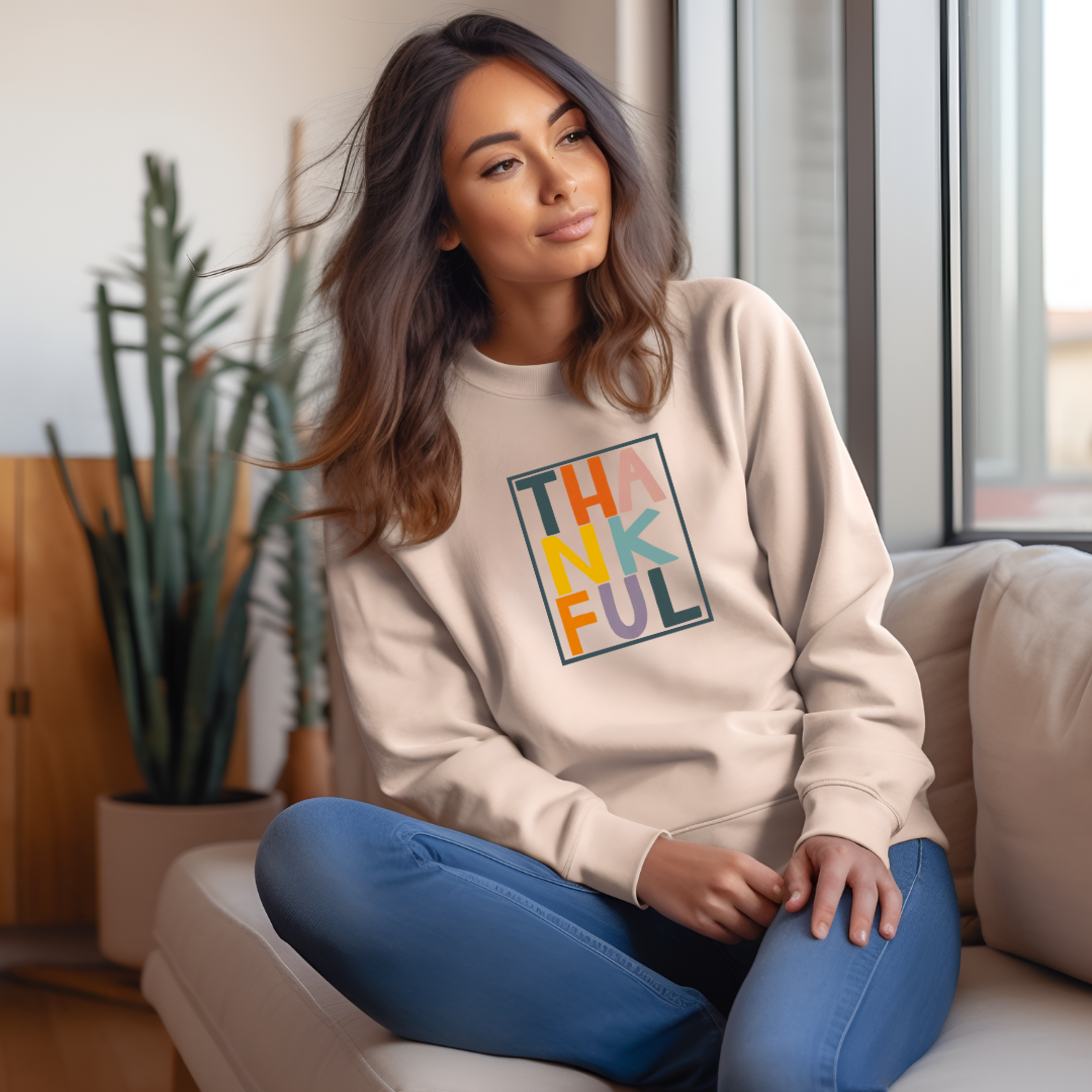 Rectangular Thankful Colorful Women's Fall Sweatshirt