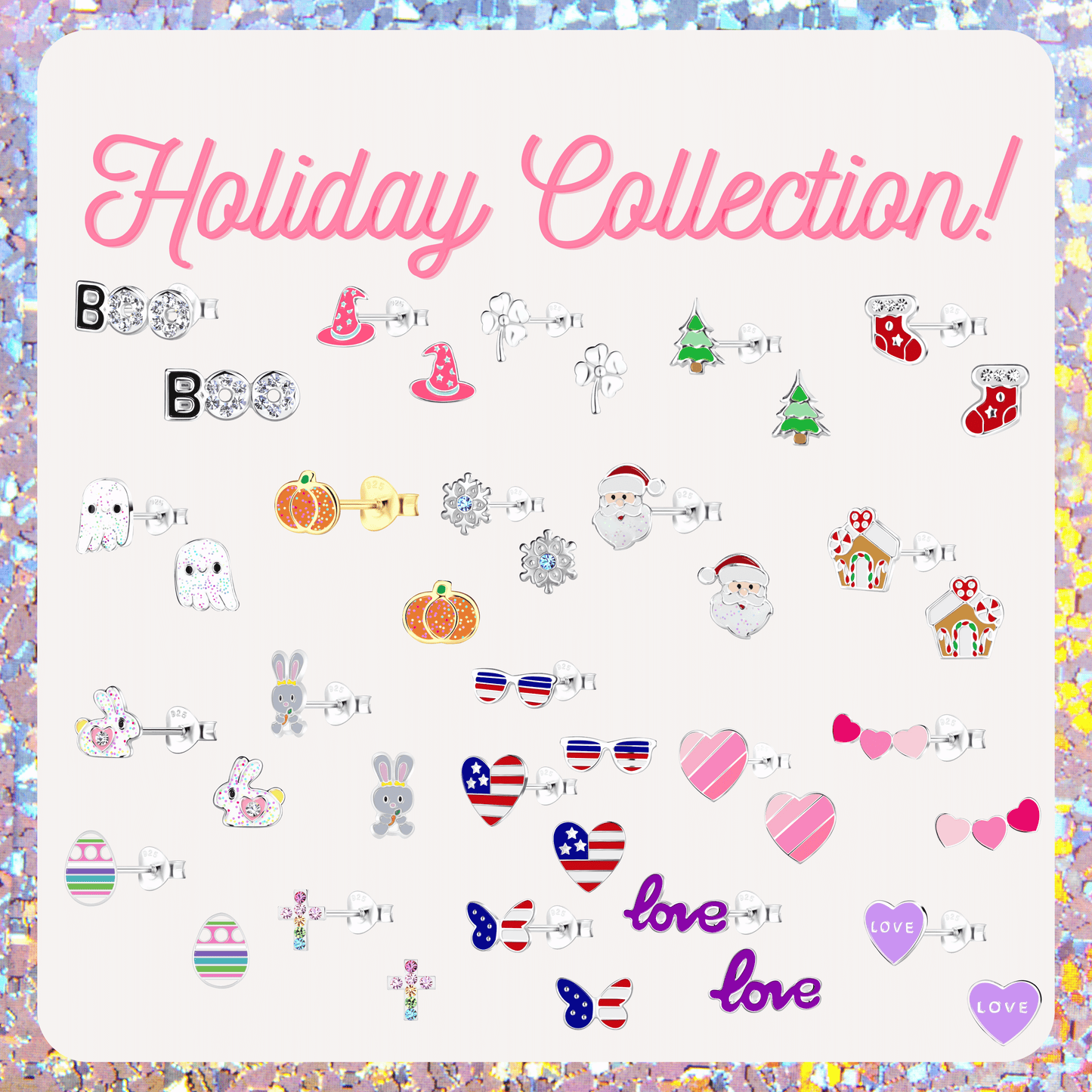 The image is a collection of various holiday-themed earrings, including charms such as a ghost, a bunny, a snowflake, a Santa Claus, and a heart. The earrings are arranged in a visually appealing manner, showcasing the different designs and colors associated with the holiday season.