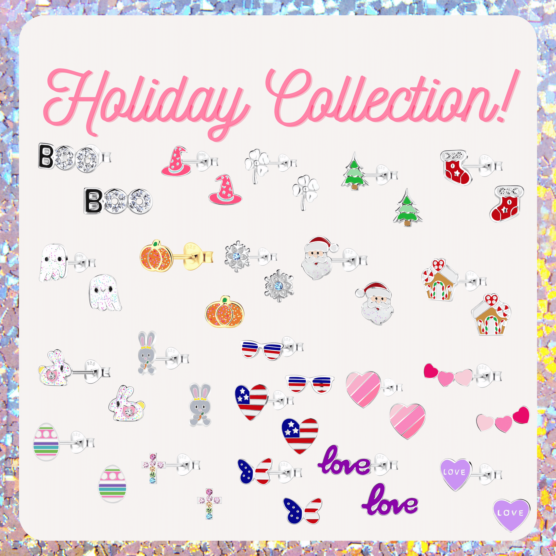 The image is a collection of various holiday-themed earrings, including charms such as a ghost, a bunny, a snowflake, a Santa Claus, and a heart. The earrings are arranged in a visually appealing manner, showcasing the different designs and colors associated with the holiday season.