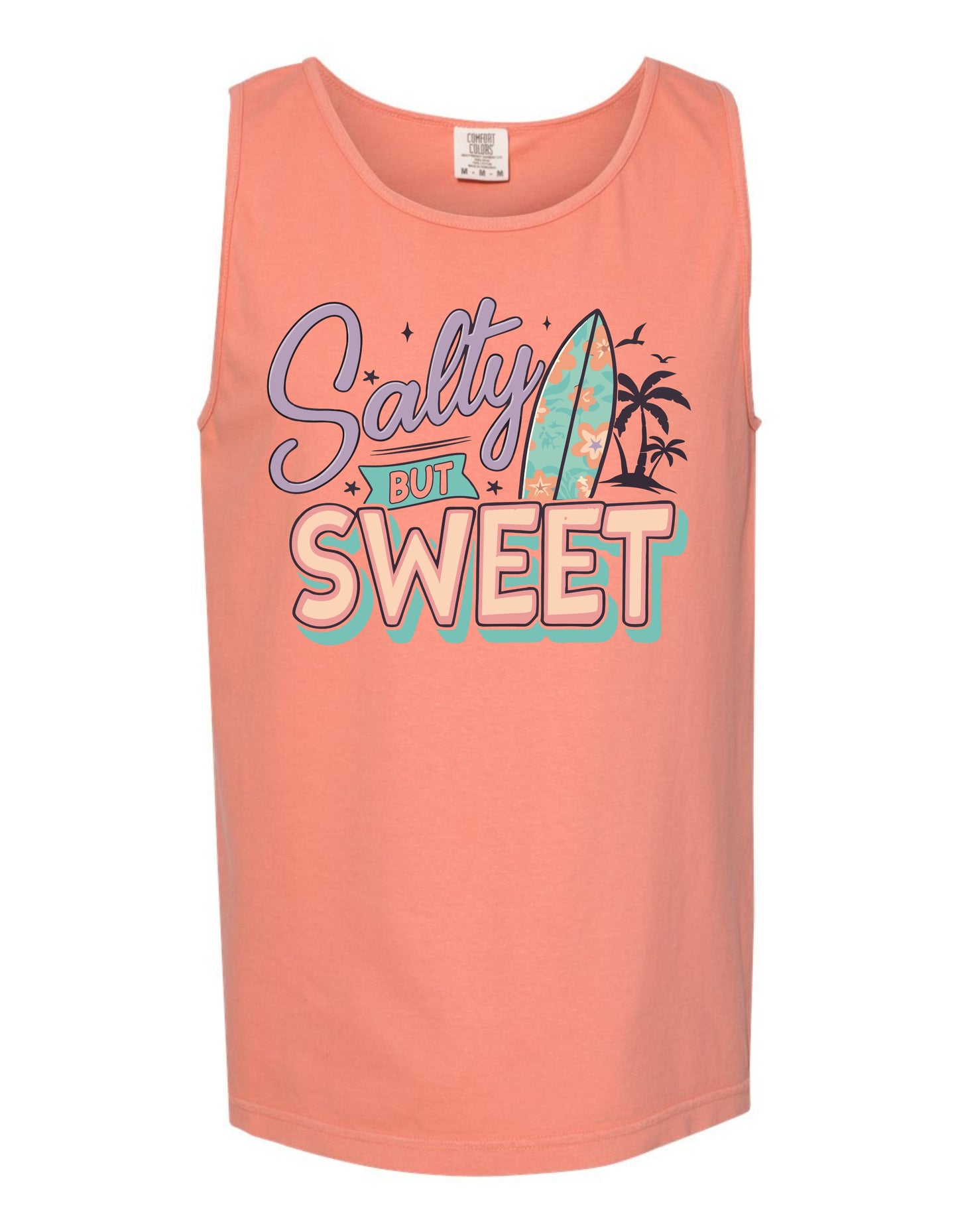 A bright orange tank top with a graphic design featuring a surfboard and the text "Salty but Sweet" in a playful, colorful style.
