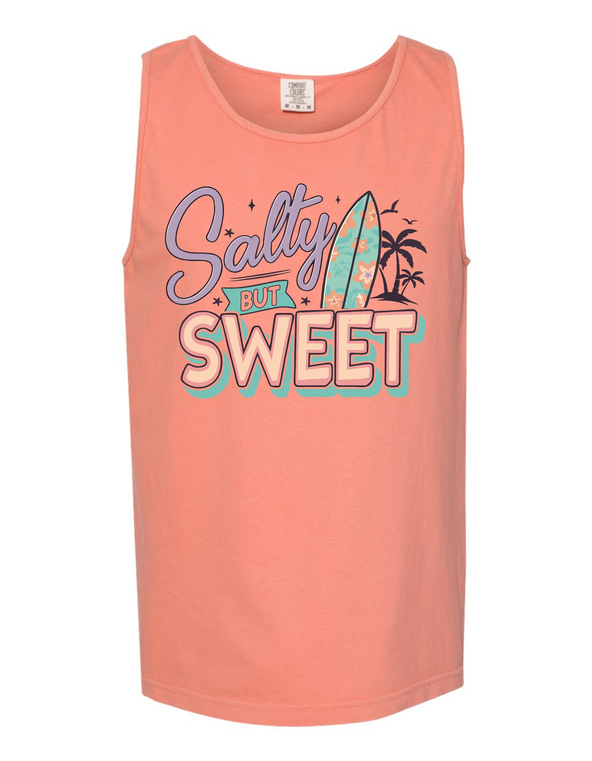 A bright orange tank top with a graphic design featuring a surfboard and the text "Salty but Sweet" in a playful, colorful style.