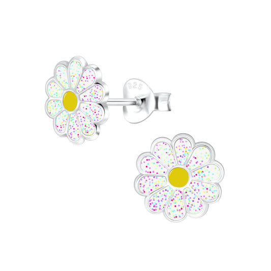 a pair of white and yellow flower earrings