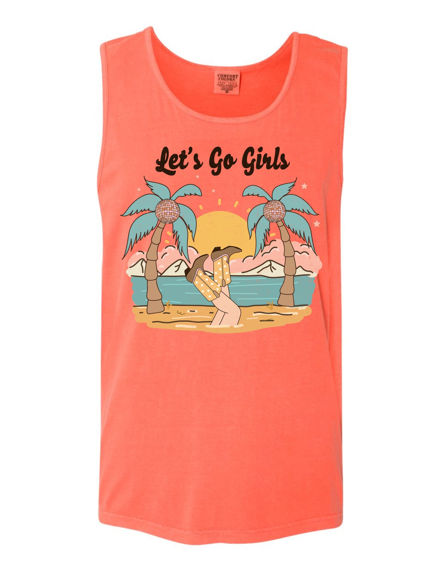 A bright orange tank top with a graphic design depicting a beach scene with palm trees, a sunset, and a person sitting on the beach.