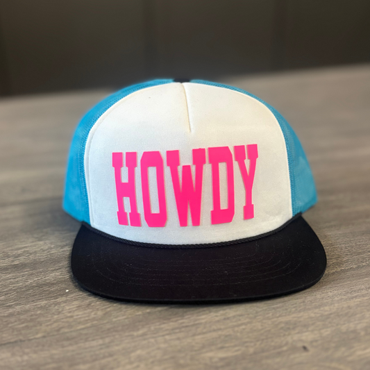 A white and blue baseball cap with the word "HOWDY" printed in pink letters.