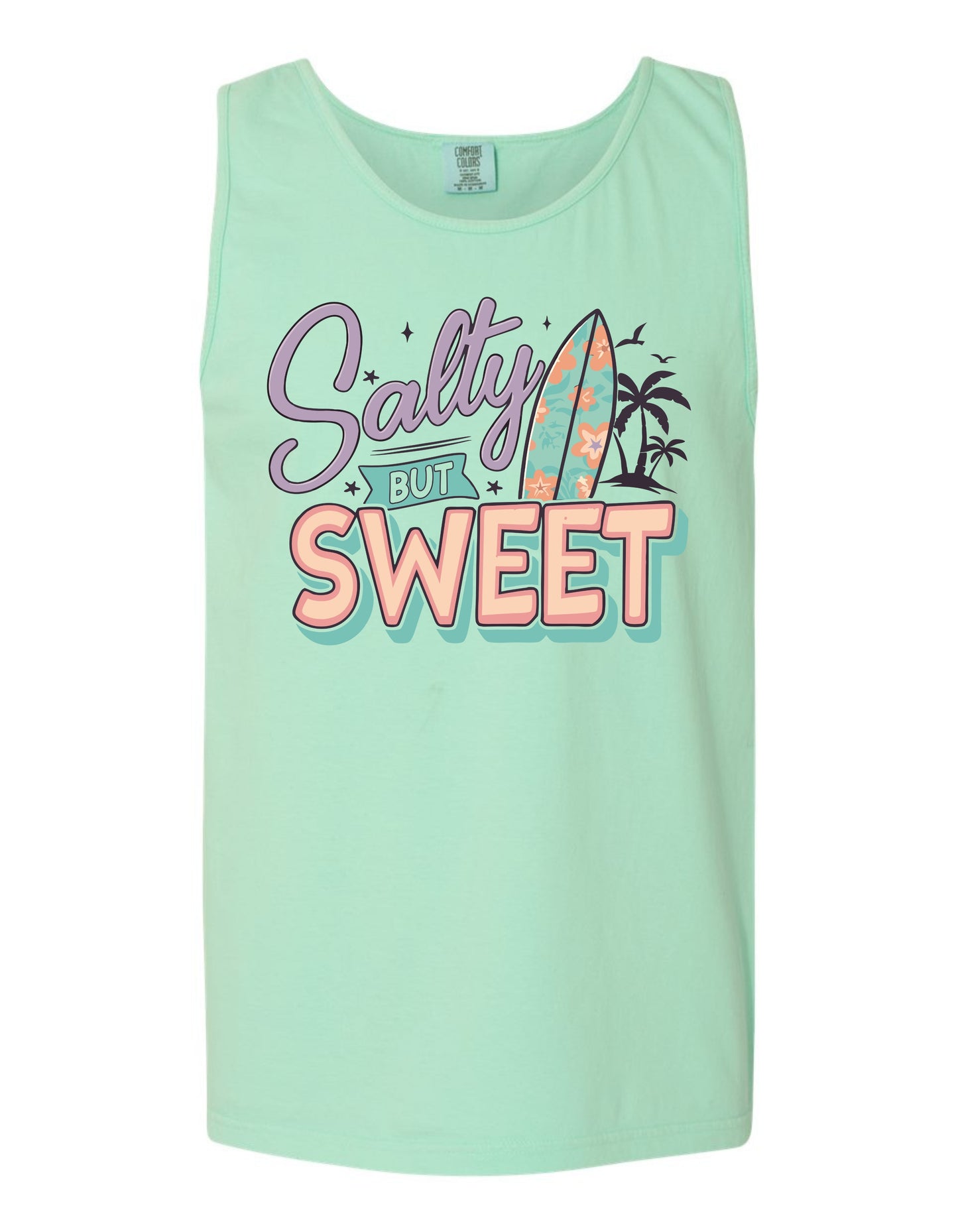 A mint green tank top with a graphic design featuring a surfboard and the text "Salt but sweet" in a colorful, playful style.