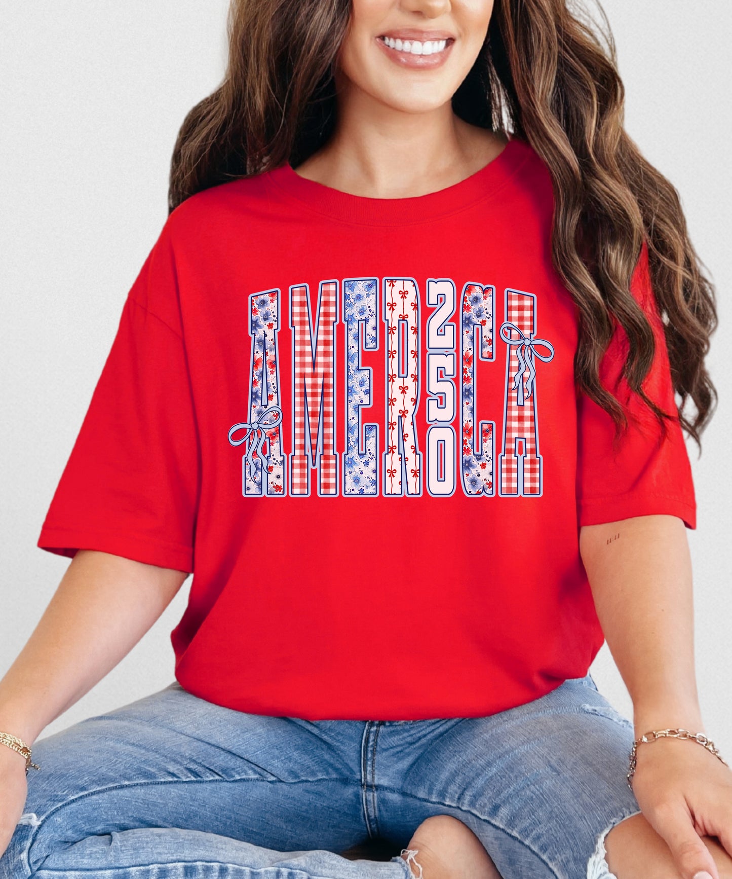 America 250 Patriotic T-Shirt | Floral Patchwork Comfort Colors Tee