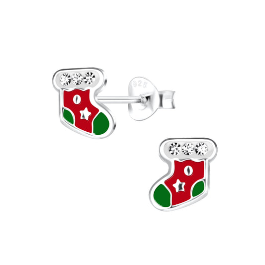 a pair of christmas stocking earrings on a white background