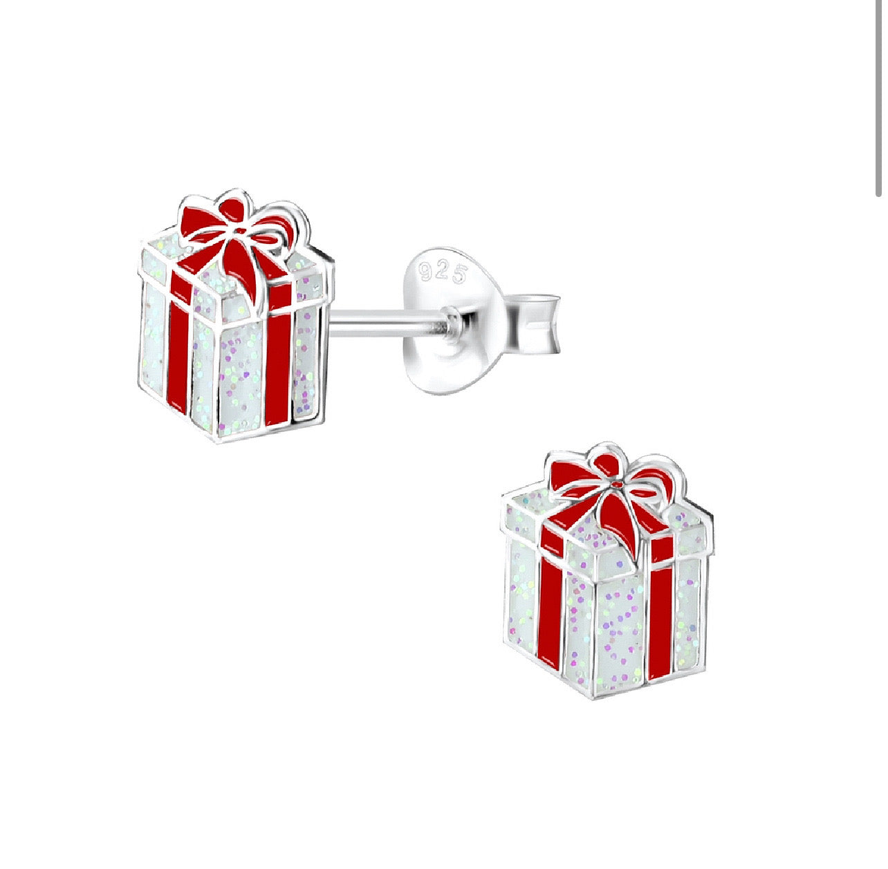 Glitter Christmas Present Sterling Silver Earring Studs