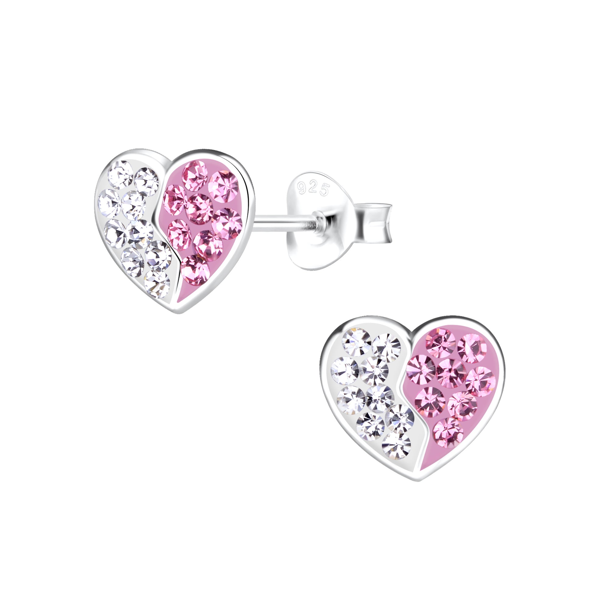 a pair of pink and white heart shaped earrings