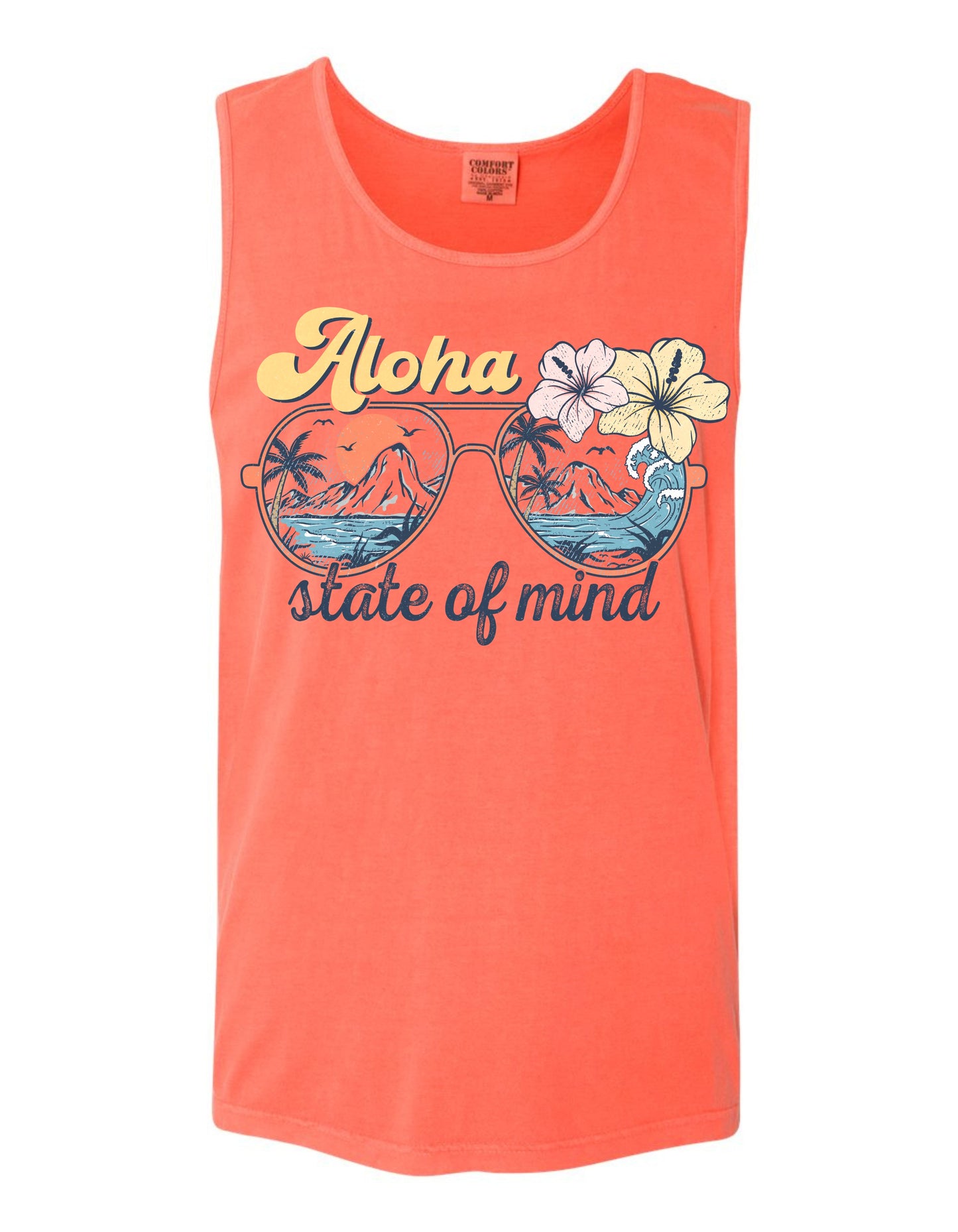 The image is a bright orange tank top with a graphic design featuring sunglasses, flowers, and palm trees. The text on the tank top reads "Aloha state of mind".