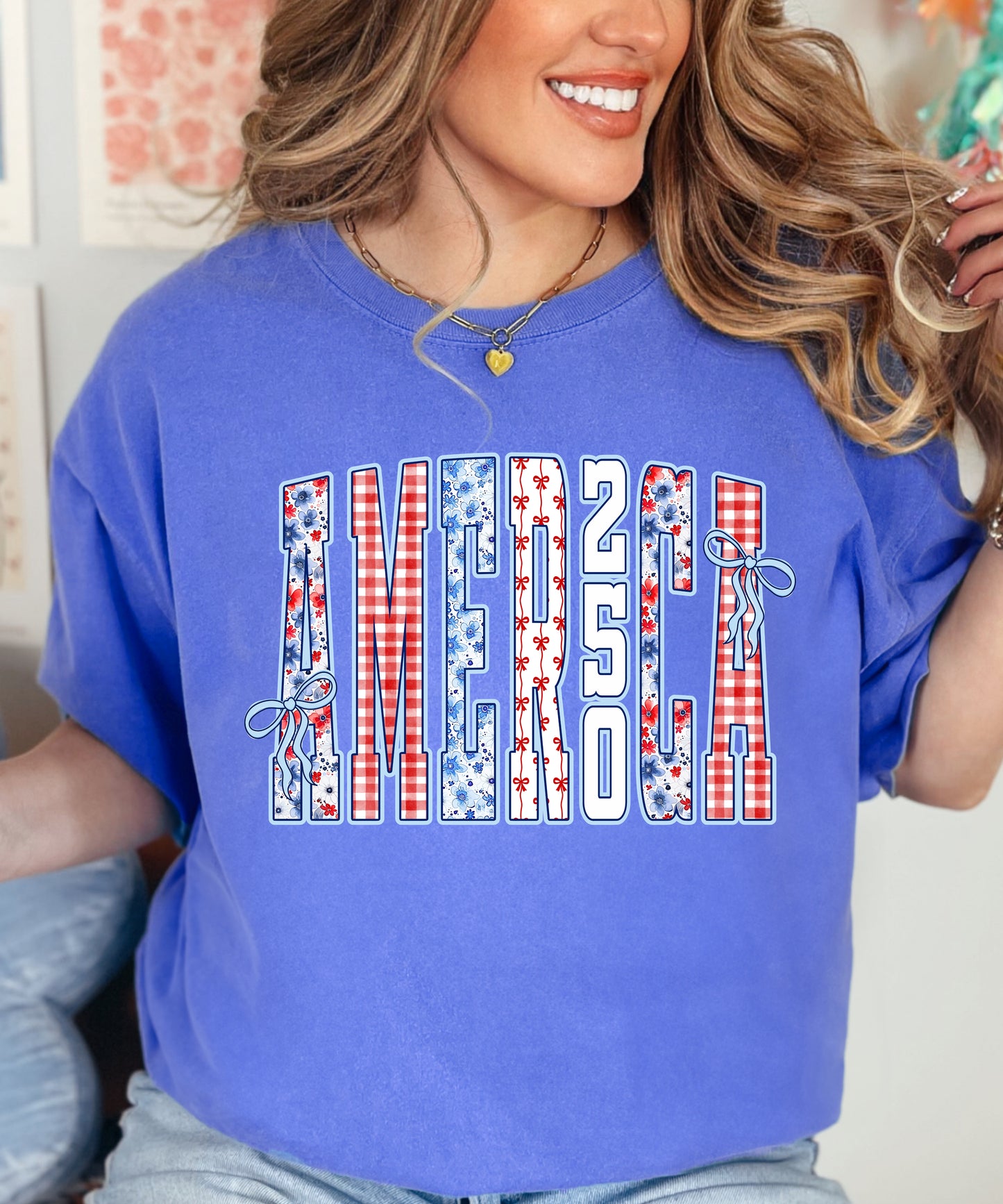 America 250 Patriotic T-Shirt | Floral Patchwork Comfort Colors Tee