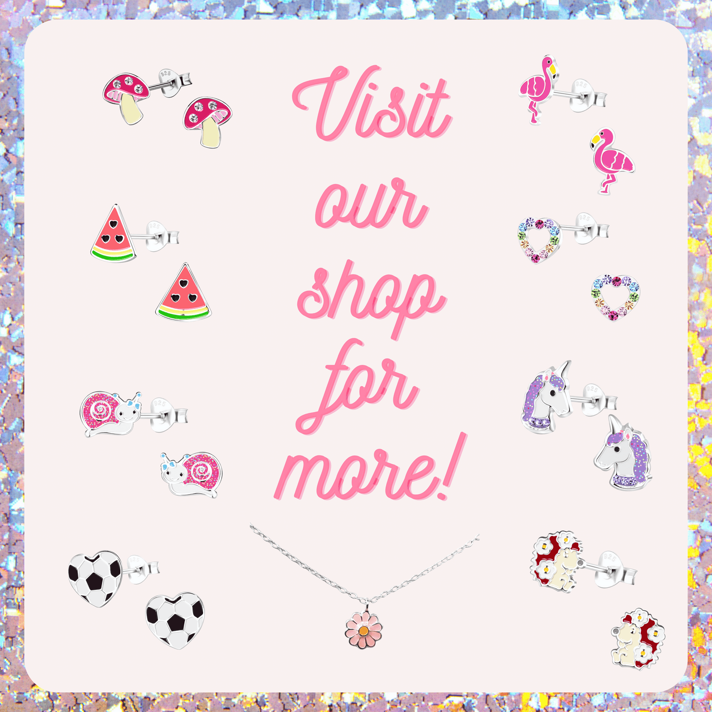 The image is a pink advertisement for a shop that sells various earrings, including mushroom, flamingo, heart, and soccer ball designs.