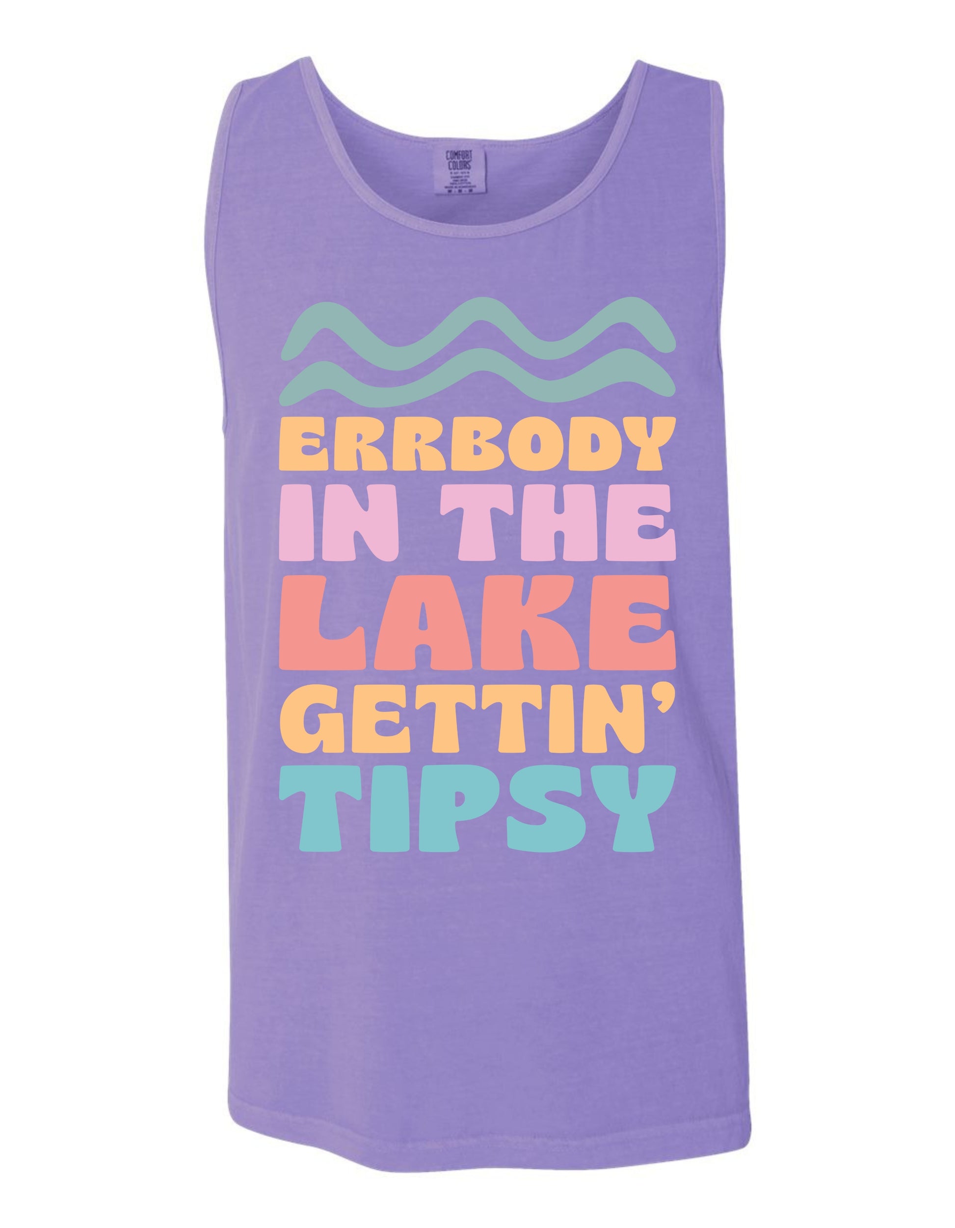A purple tank top with the text "ERR BODY IN THE LAKE GETTIN' TIPSY" printed on it.