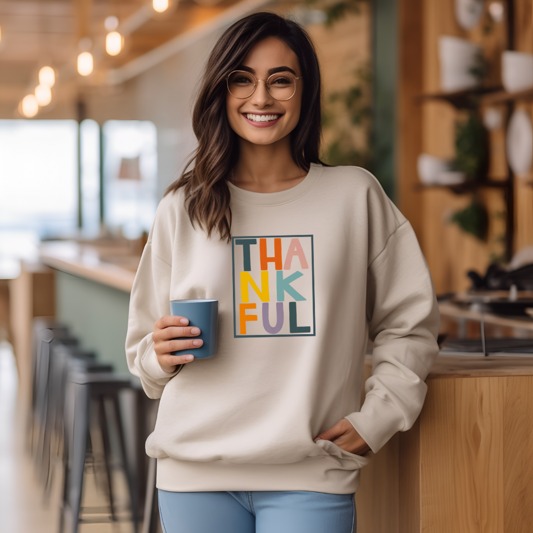 Rectangular Thankful Colorful Women's Fall Sweatshirt