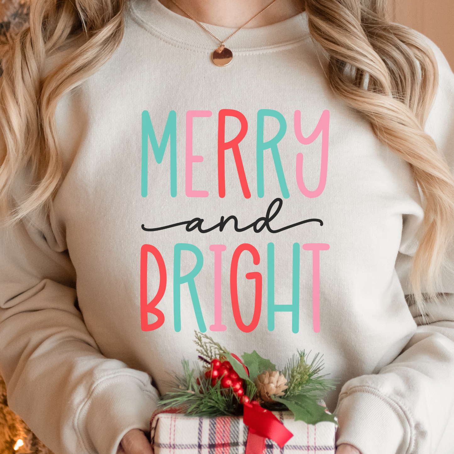 Merry and Bright pink red and green Christmas Sweatshirt