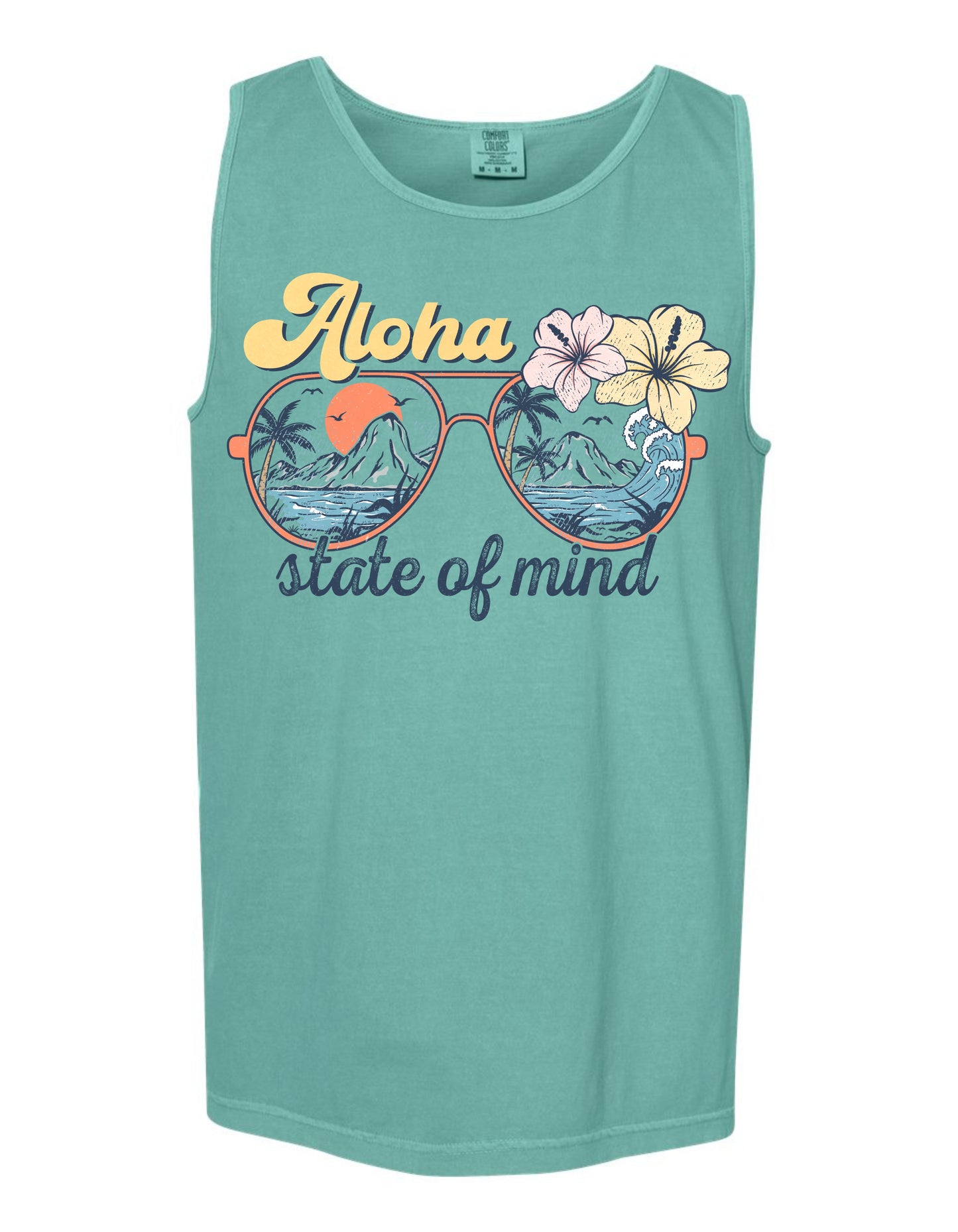 A turquoise tank top with a graphic design featuring sunglasses with tropical flowers and the text "Aloha state of mind" printed on it.