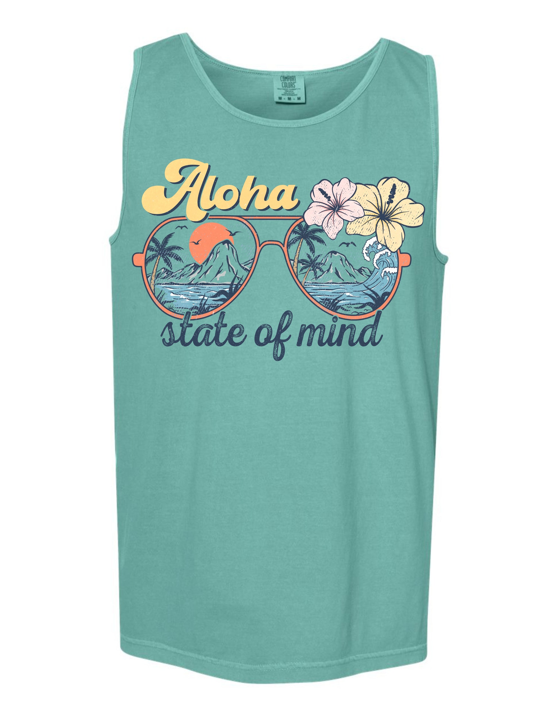 A turquoise tank top with a graphic design featuring sunglasses with tropical flowers and the text "Aloha state of mind" printed on it.