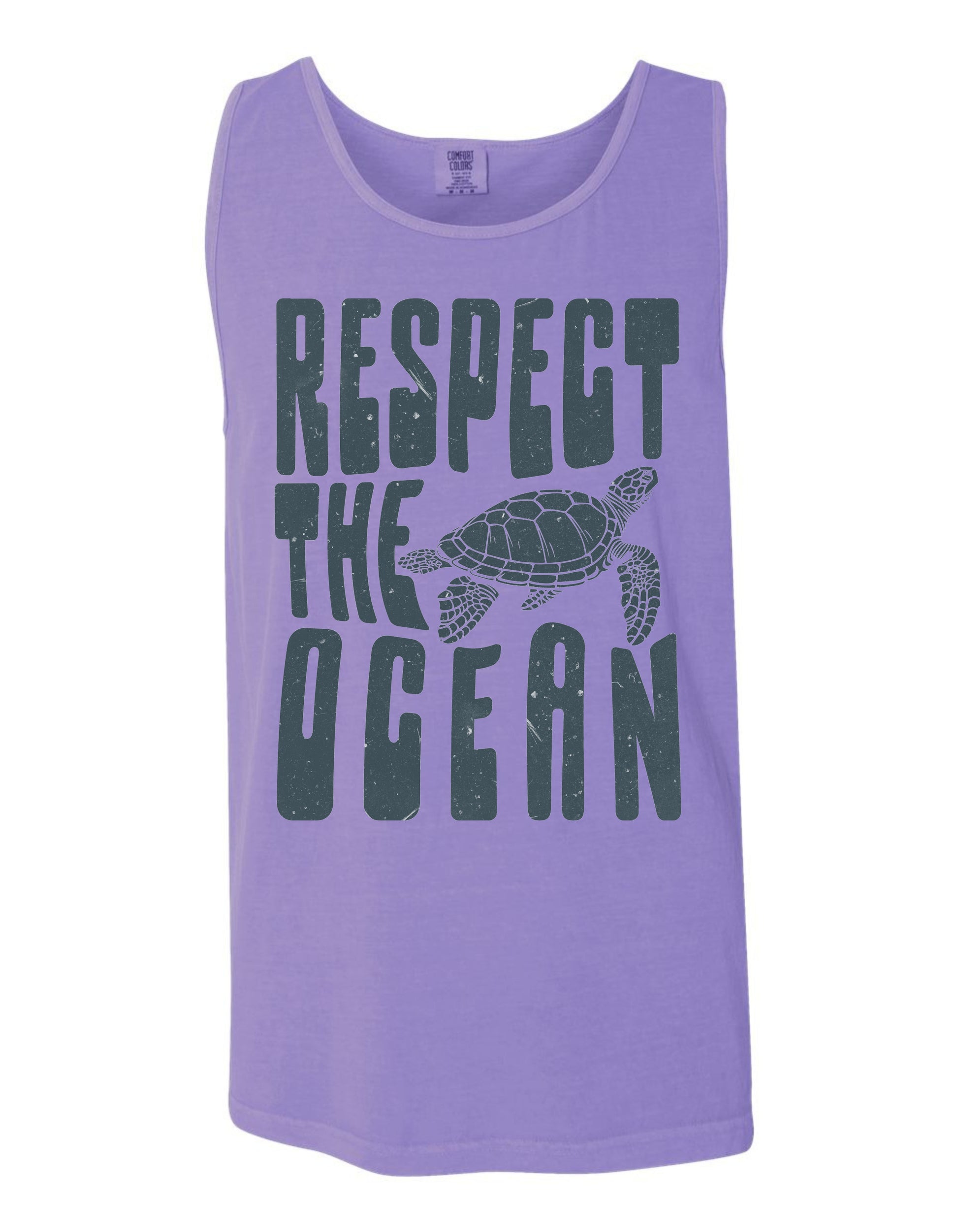 A purple tank top with the text "RESPECT THE OCEAN" printed on it, along with a graphic of a turtle.