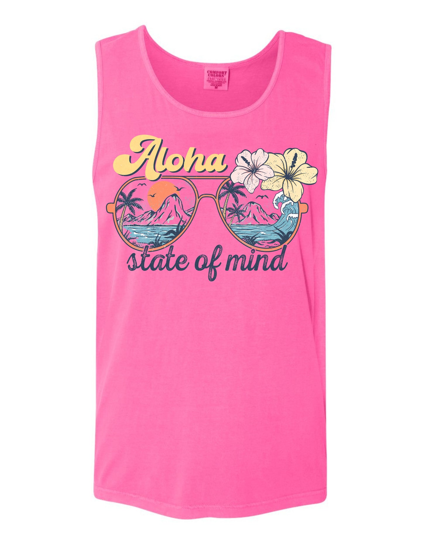 A pink tank top with a graphic design featuring sunglasses with tropical flowers and the text "Aloha state of mind".