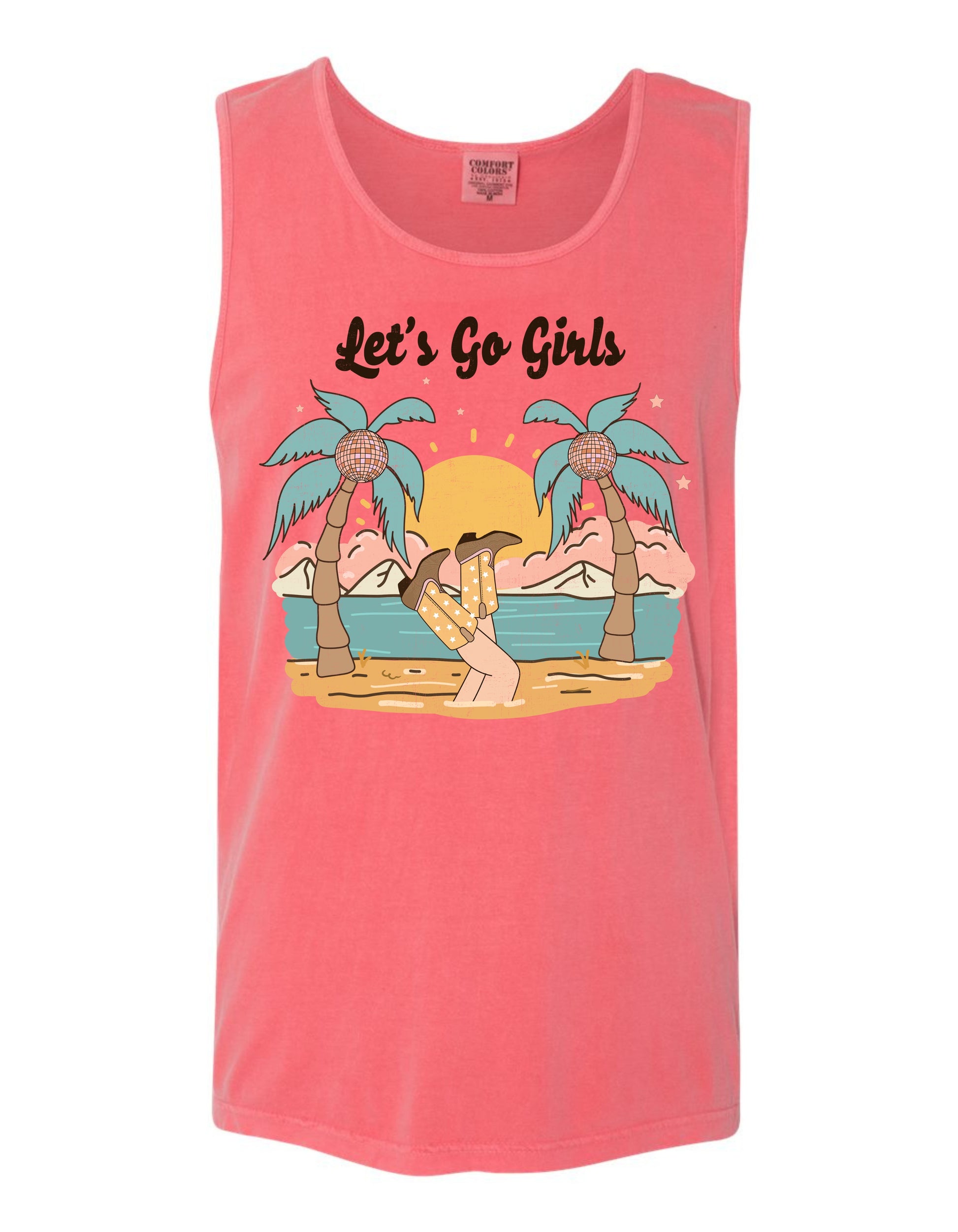 A pink tank top with a graphic design depicting a beach scene with palm trees, a sunset, and a person sitting on the beach.
