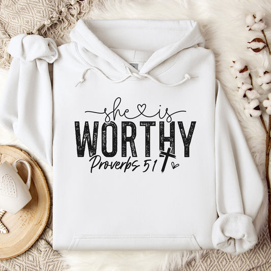 She is Worthy Religious Bible Verse Hooded Sweatshirt Black Writing