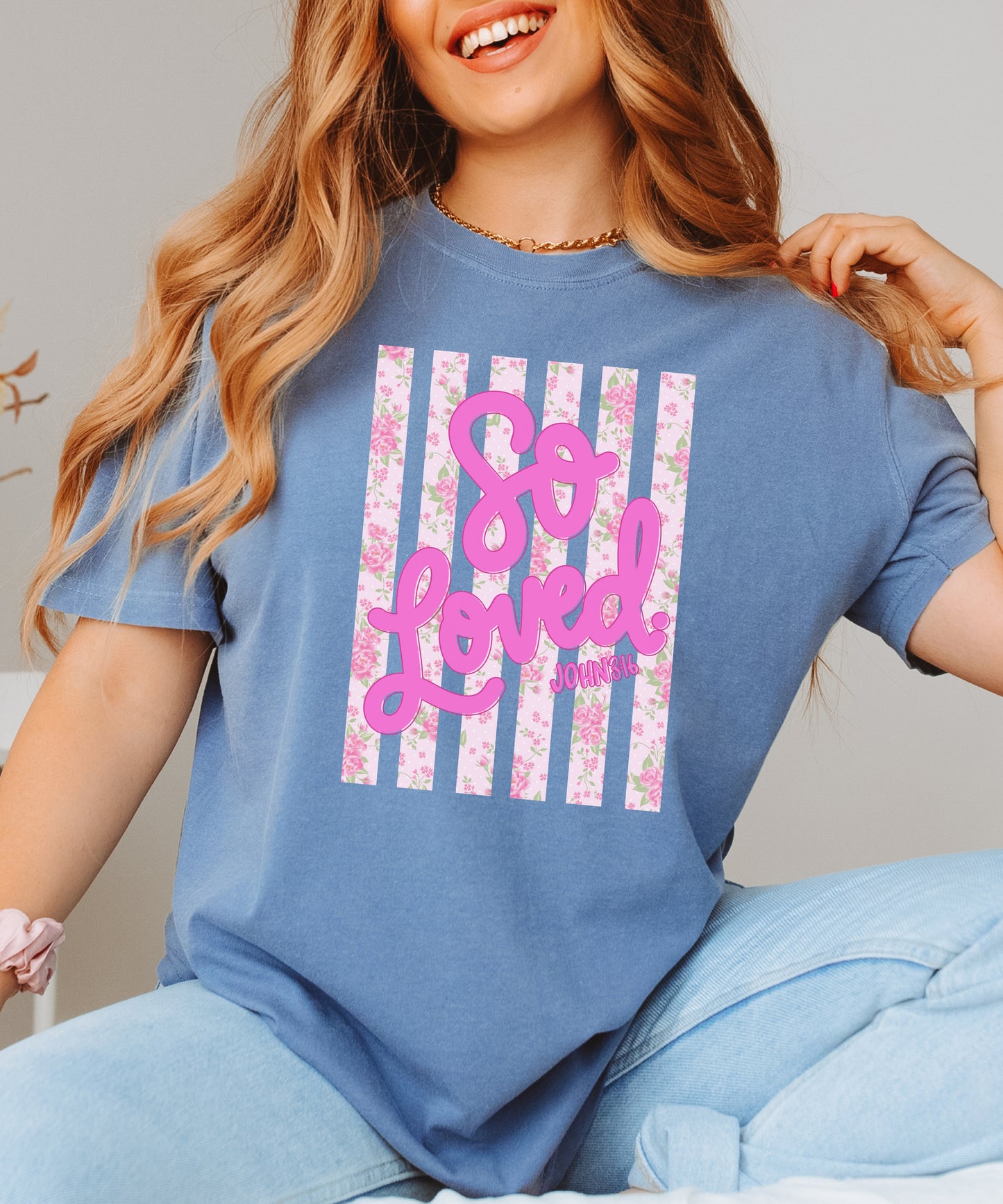 So Loved Floral Christian T-Shirt | John 3:16 Faith Comfort Colors Tee