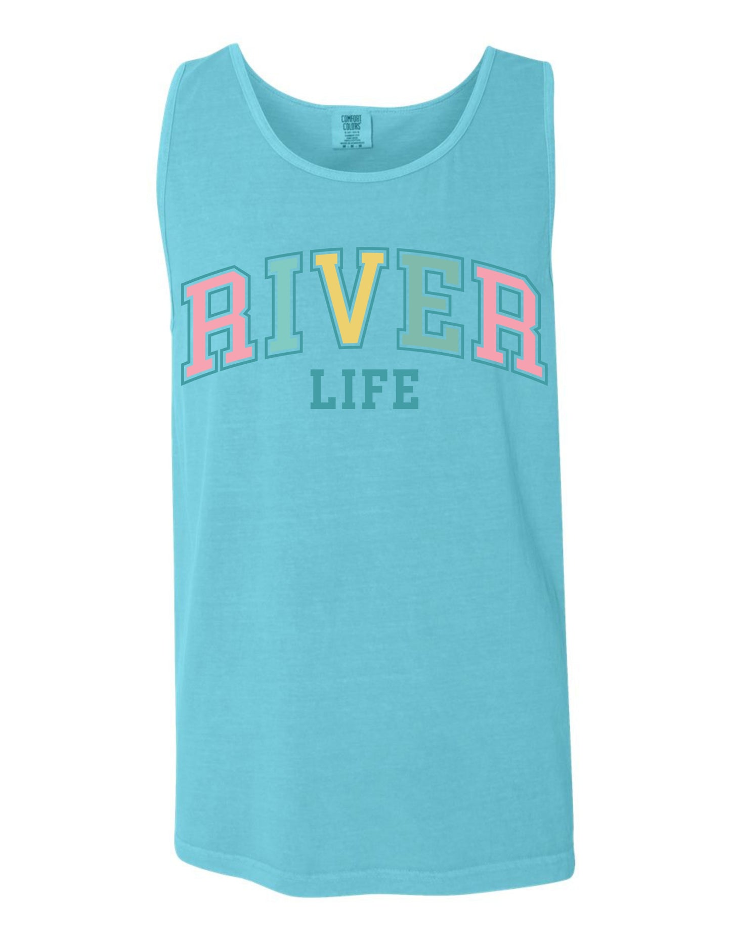 A turquoise tank top with the text "RIVER LIFE" printed on it in a colorful, multicolored font.