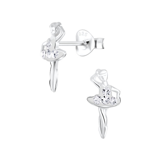 a pair of earrings with a ballerina on it