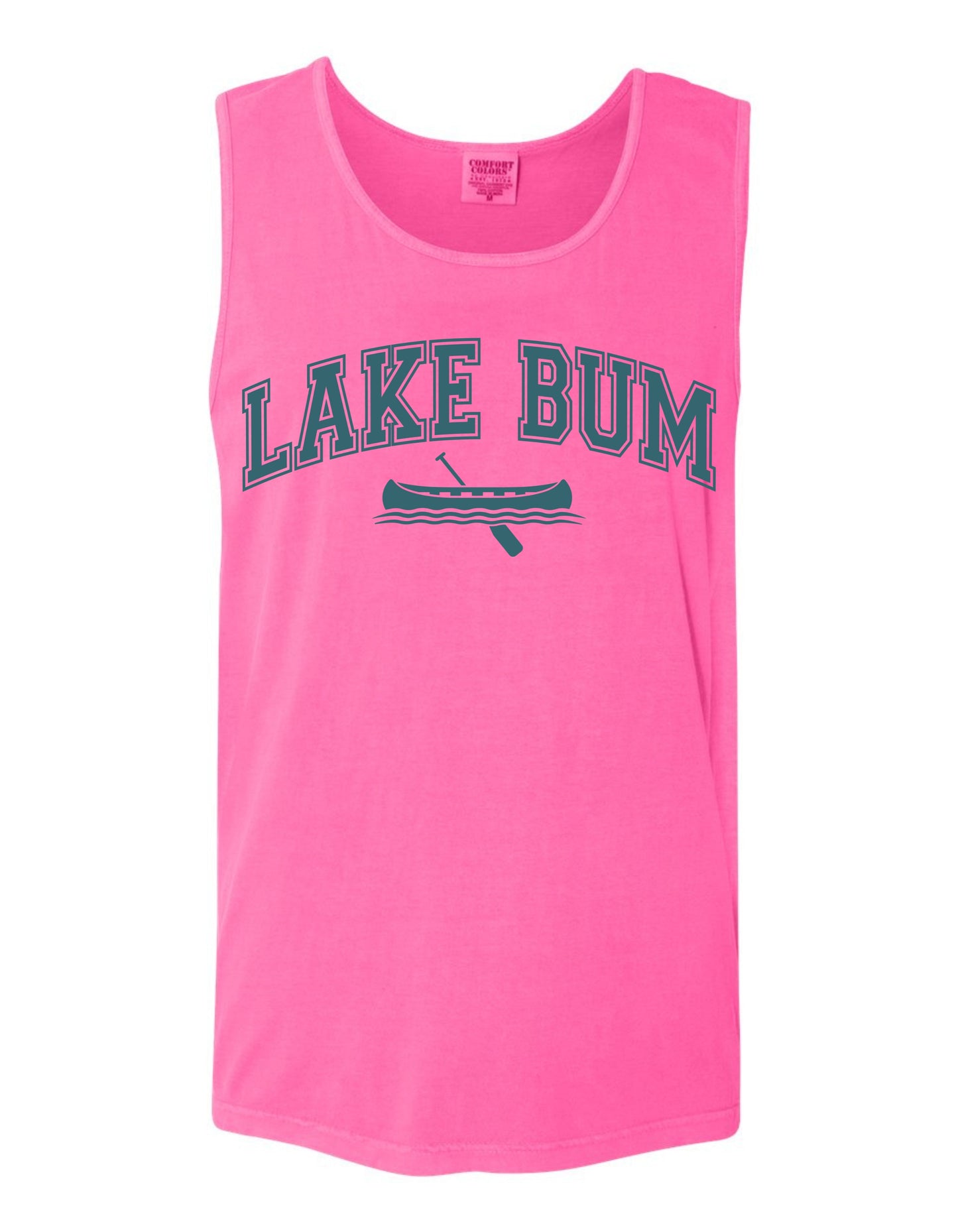 A pink tank top with the text "LAKE BUM" printed on it, along with a graphic of a canoe.
