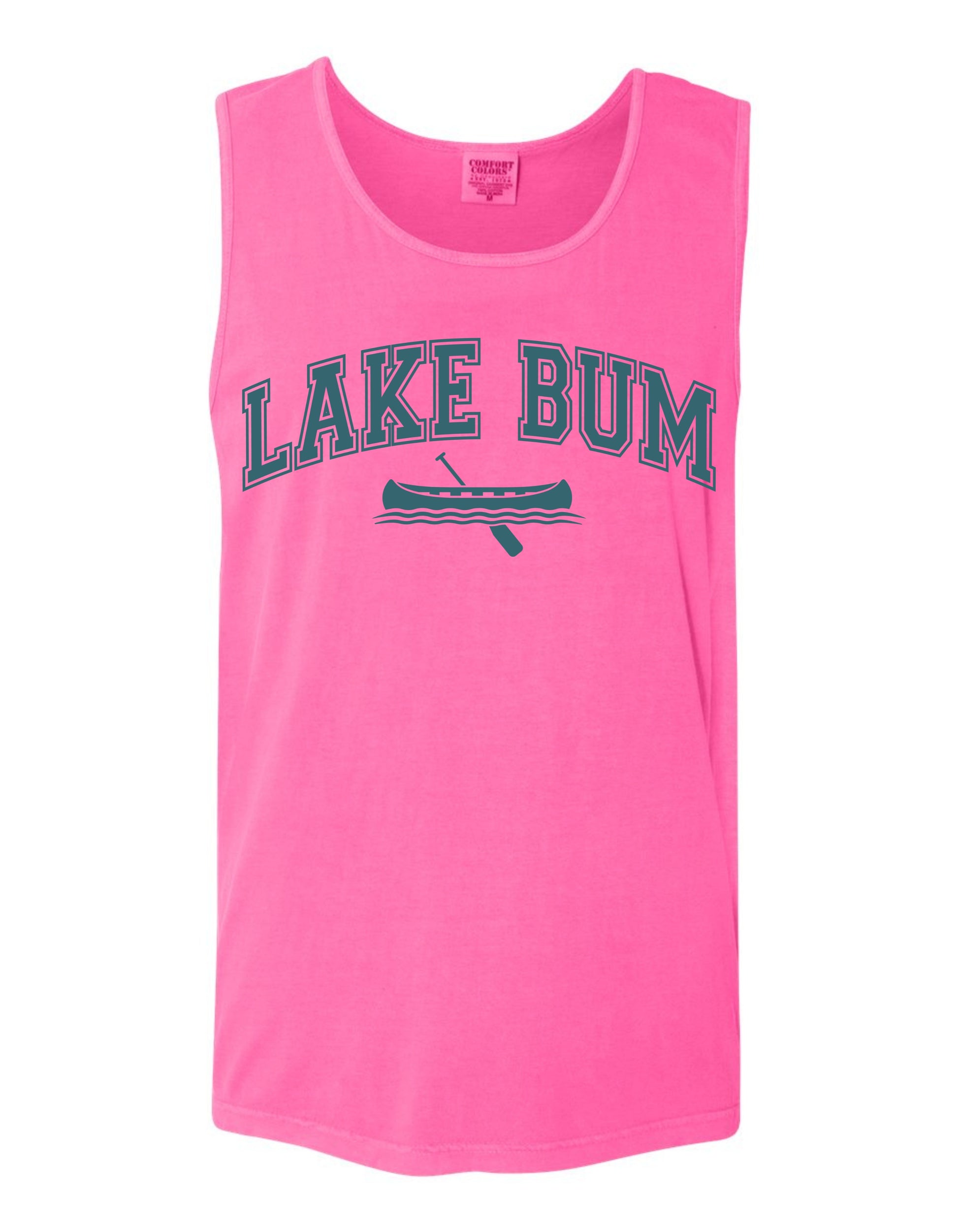 A pink tank top with the text "LAKE BUM" printed on it, along with a graphic of a canoe.