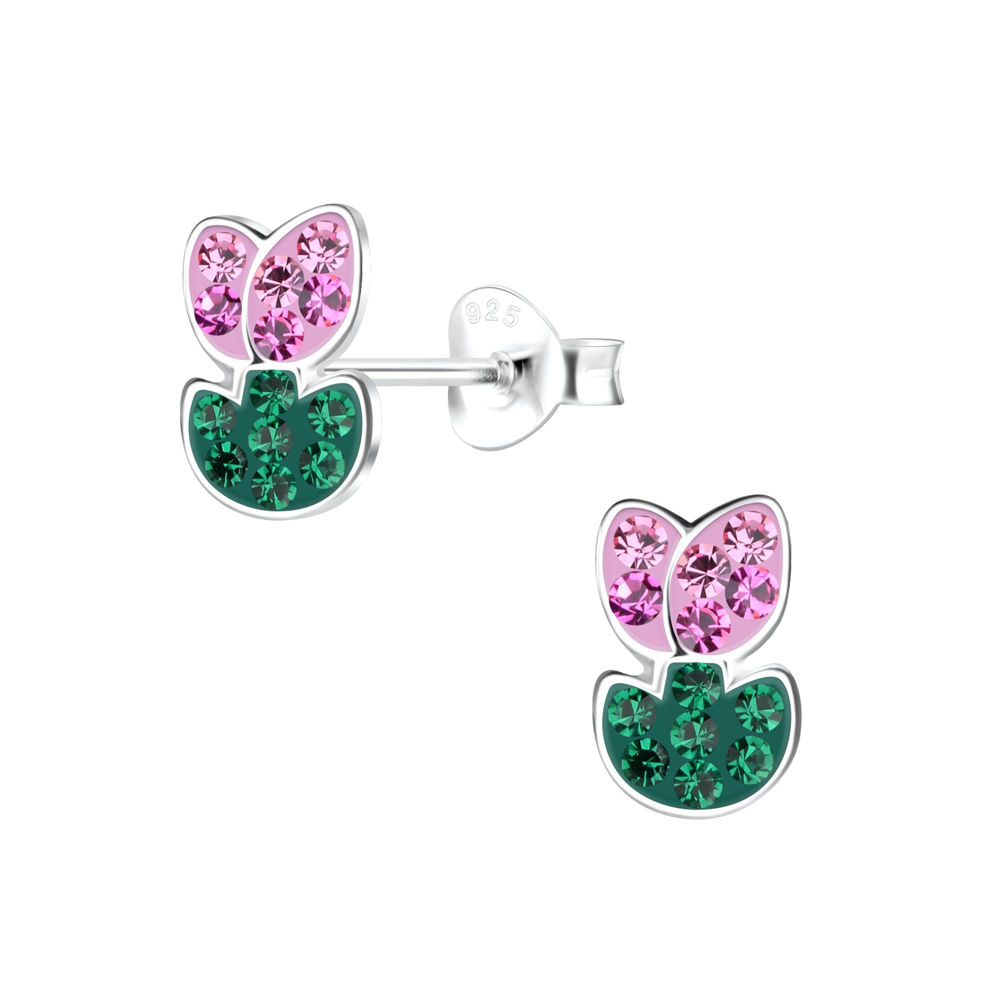 a pair of pink and green earrings on a white background